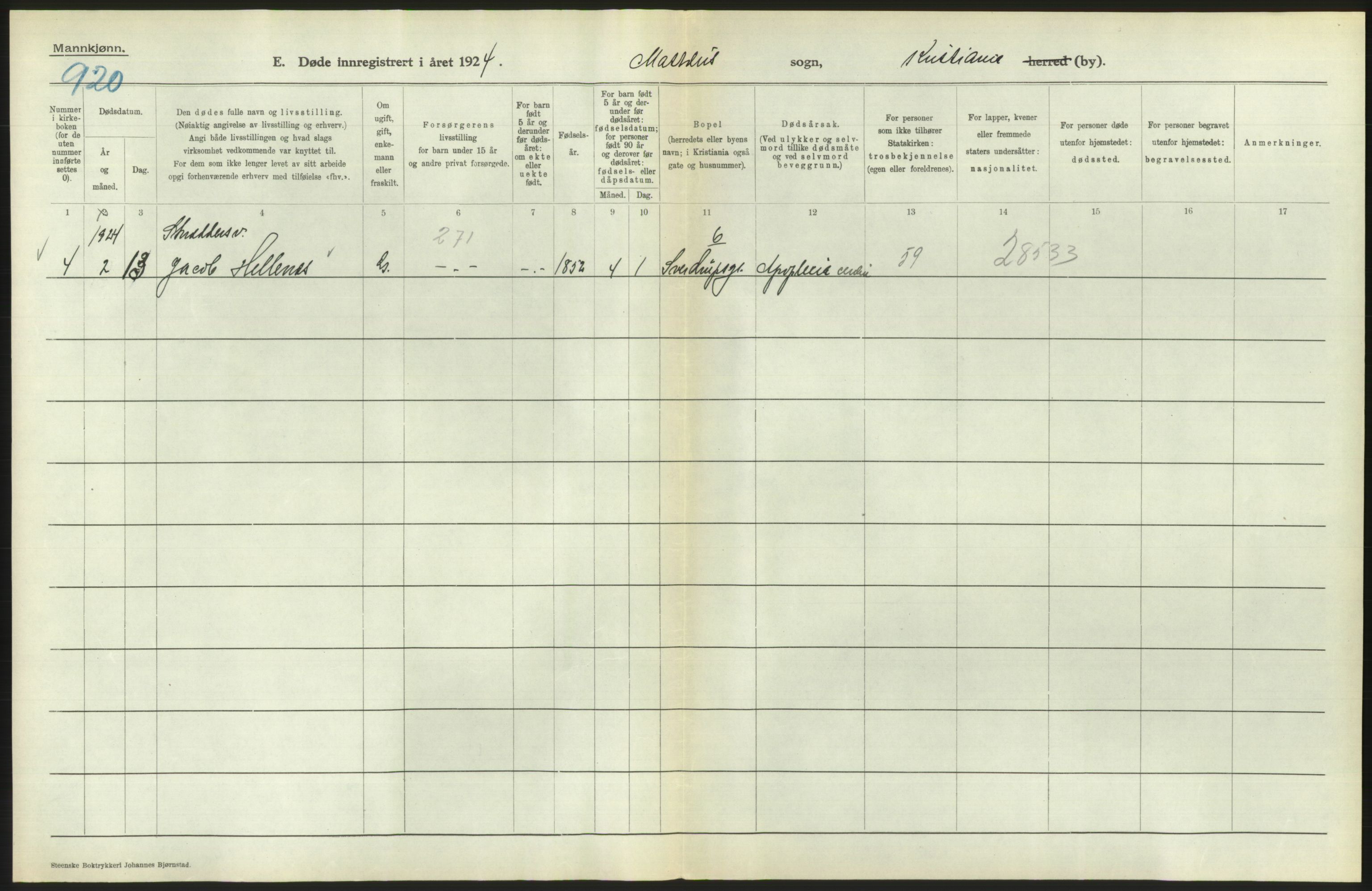 Statistisk sentralbyrå, Sosiodemografiske emner, Befolkning, AV/RA-S-2228/D/Df/Dfc/Dfcd/L0008: Kristiania: Døde menn, 1924, p. 534