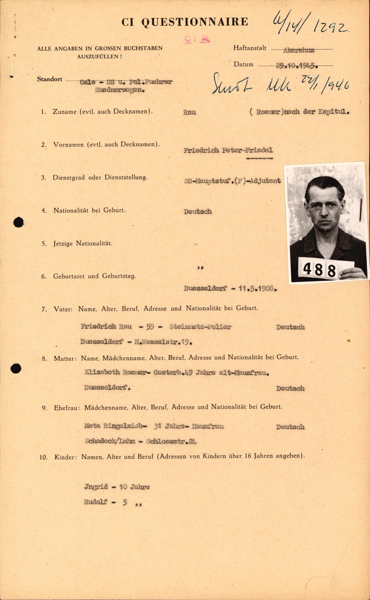 Forsvaret, Forsvarets overkommando II, AV/RA-RAFA-3915/D/Db/L0027: CI Questionaires. Tyske okkupasjonsstyrker i Norge. Tyskere., 1945-1946, p. 37