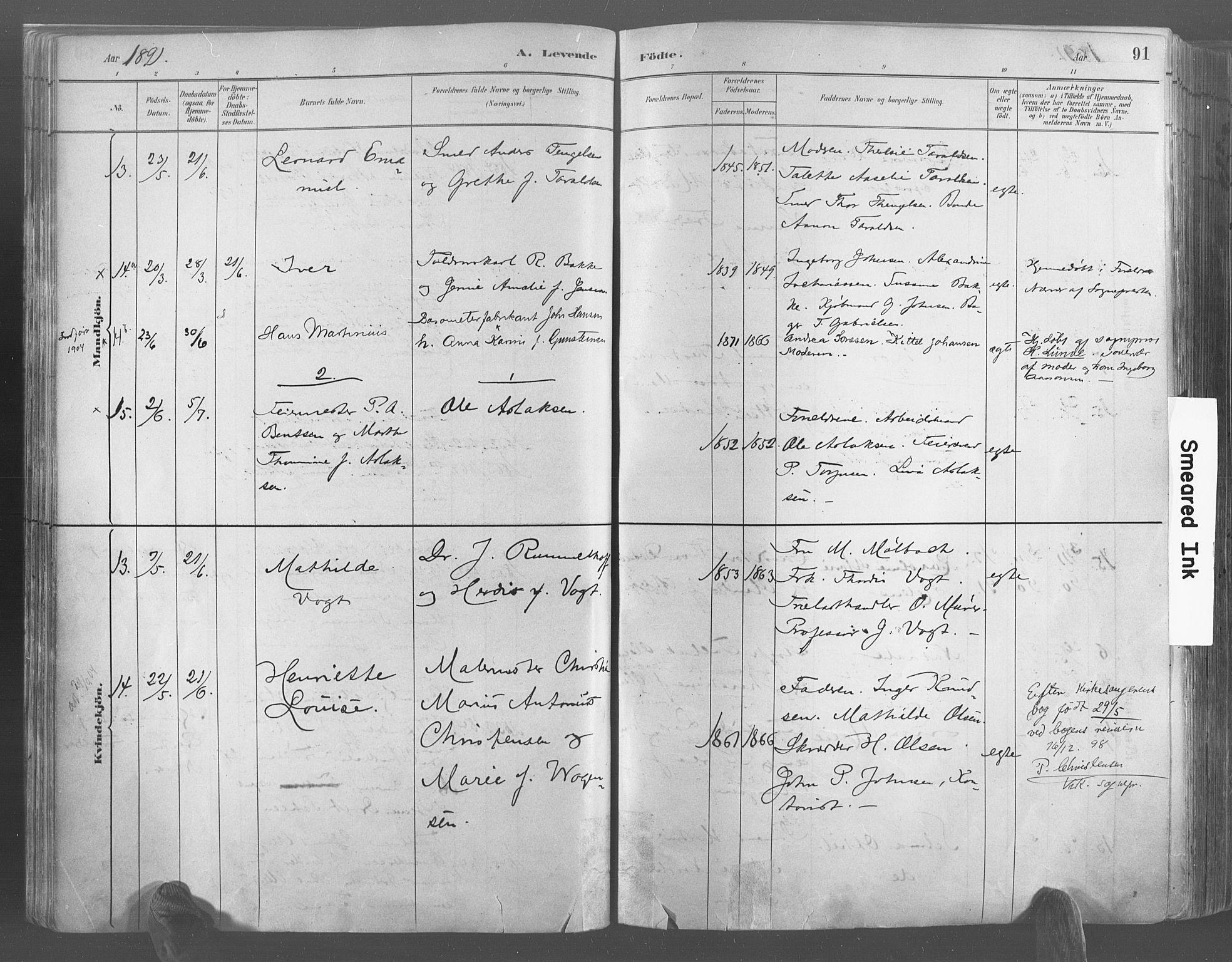 Risør sokneprestkontor, SAK/1111-0035/F/Fa/L0005: Parish register (official) no. A 5, 1883-1895, p. 91