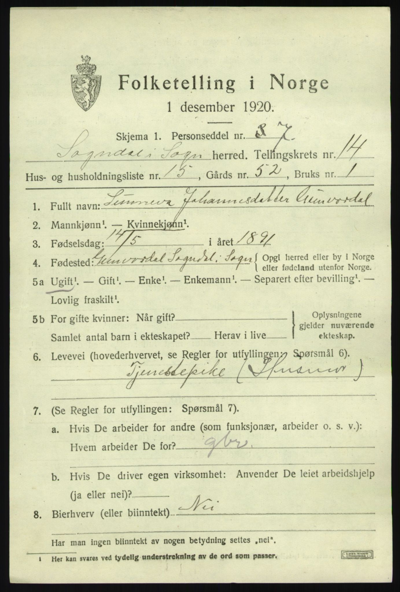 SAB, 1920 census for Sogndal, 1920, p. 5797