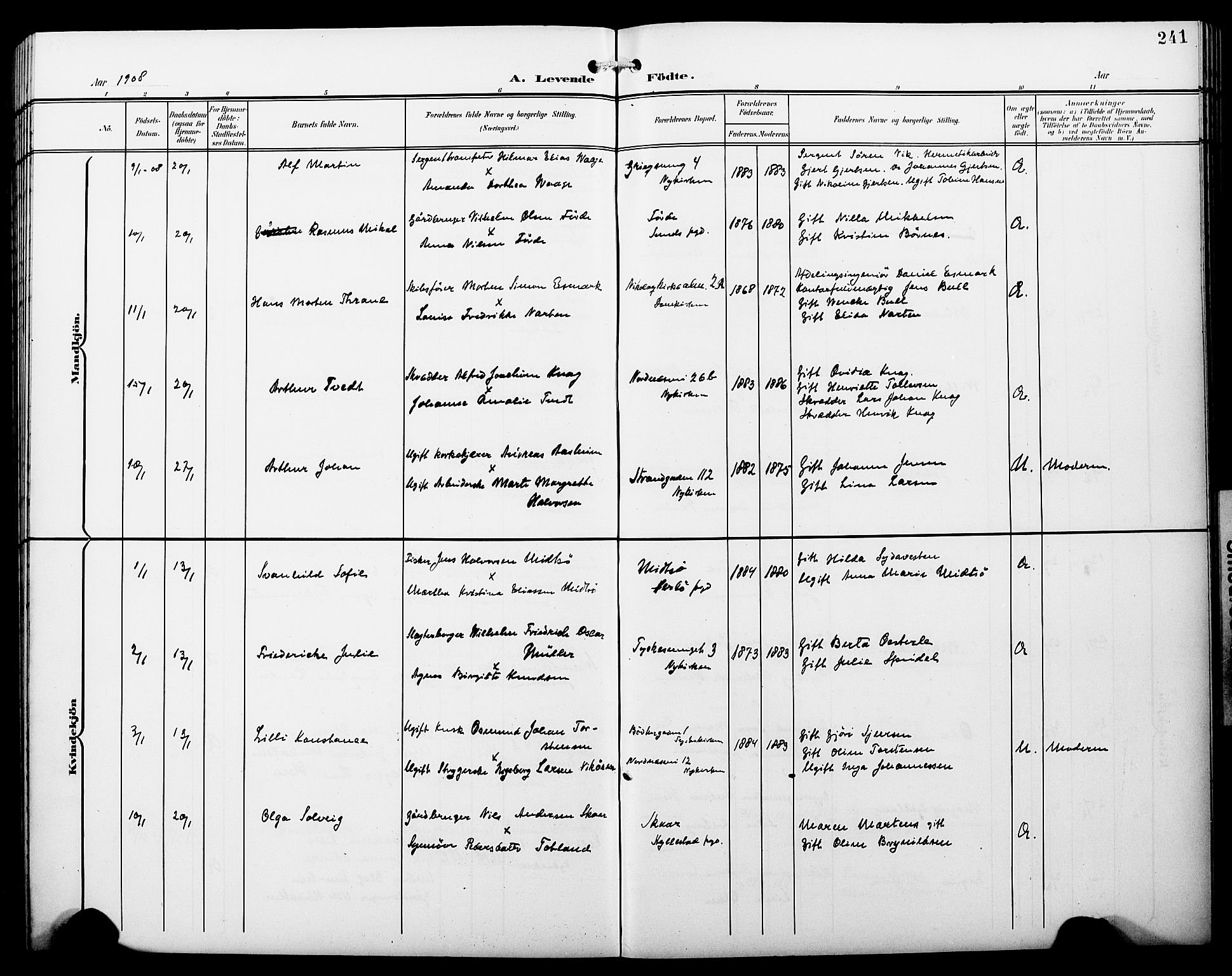 Fødselsstiftelsens sokneprestembete*, SAB/-: Parish register (copy) no. A 1, 1900-1909, p. 241