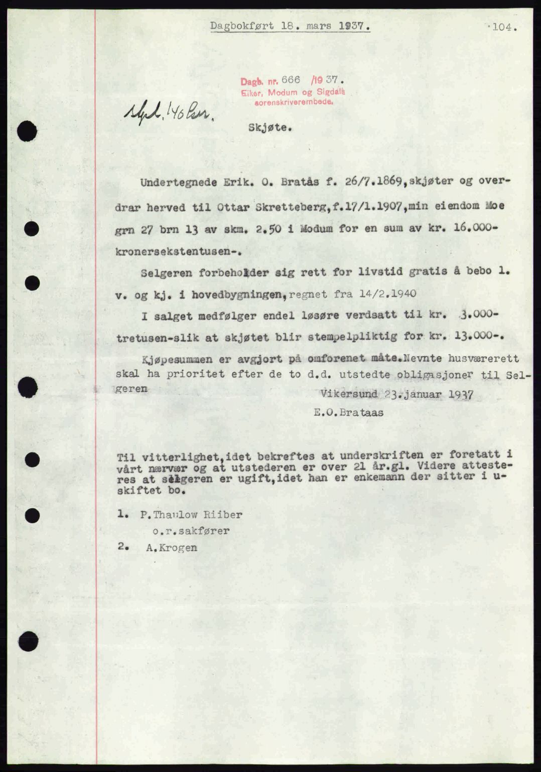 Eiker, Modum og Sigdal sorenskriveri, SAKO/A-123/G/Ga/Gab/L0035: Mortgage book no. A5, 1937-1937, Diary no: : 666/1937