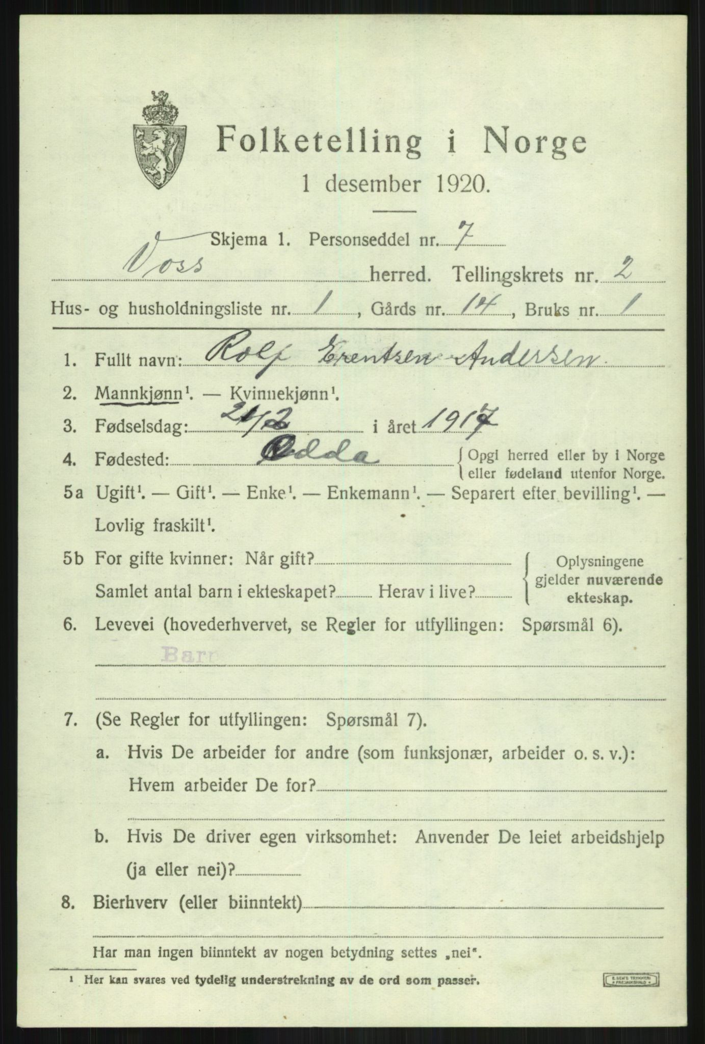 SAB, 1920 census for Voss, 1920, p. 3441