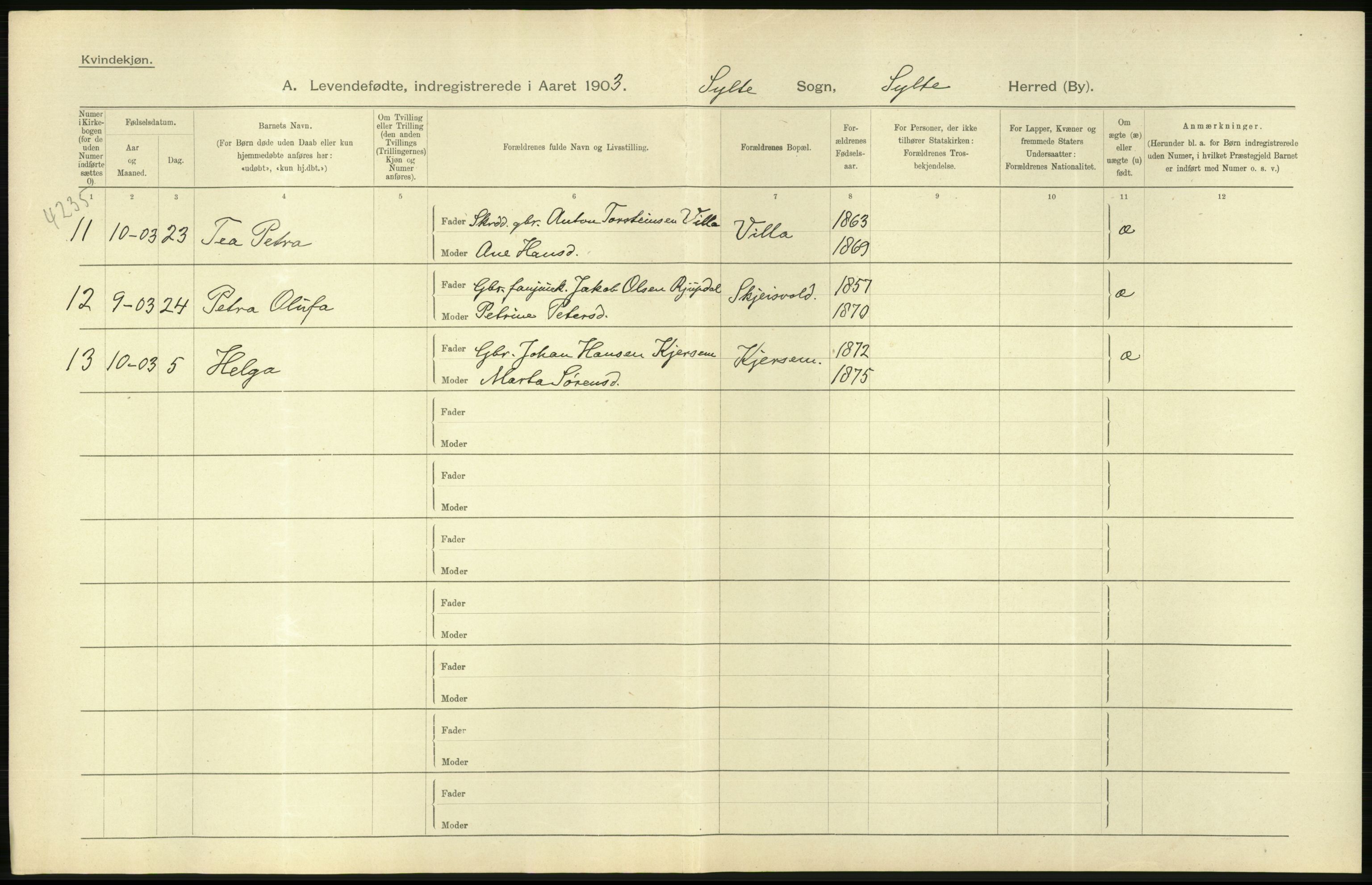 Statistisk sentralbyrå, Sosiodemografiske emner, Befolkning, AV/RA-S-2228/D/Df/Dfa/Dfaa/L0016: Romsdal amt: Fødte, gifte, døde., 1903, p. 40