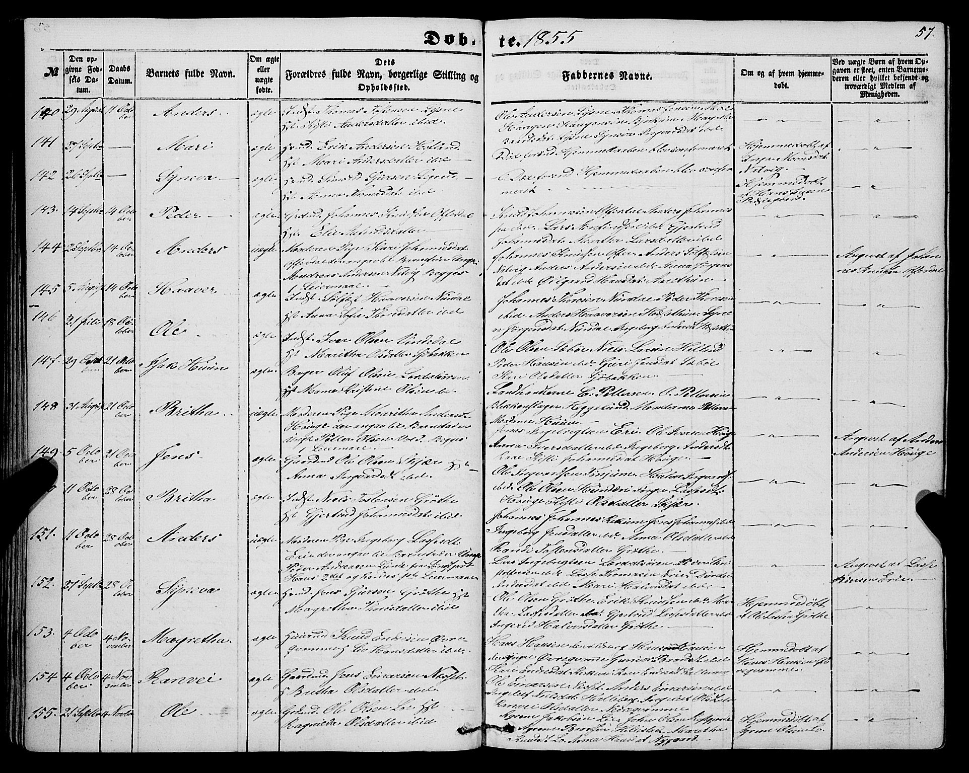 Lærdal sokneprestembete, SAB/A-81201: Parish register (official) no. A 11, 1850-1866, p. 57