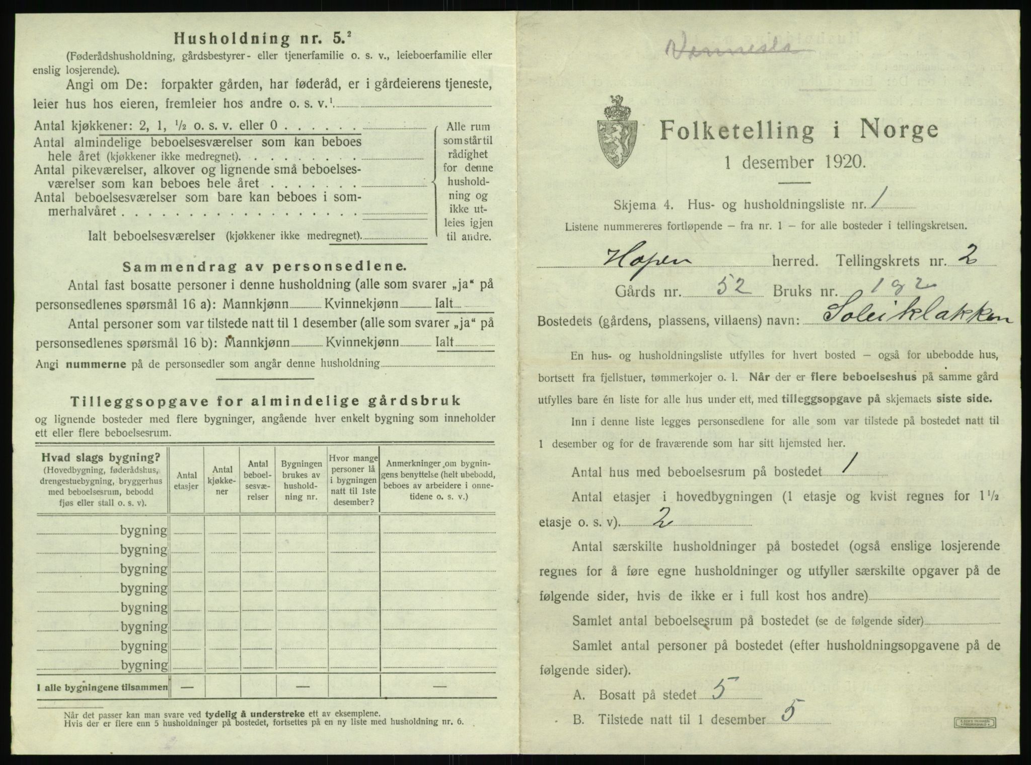 SAT, 1920 census for Hopen, 1920, p. 160