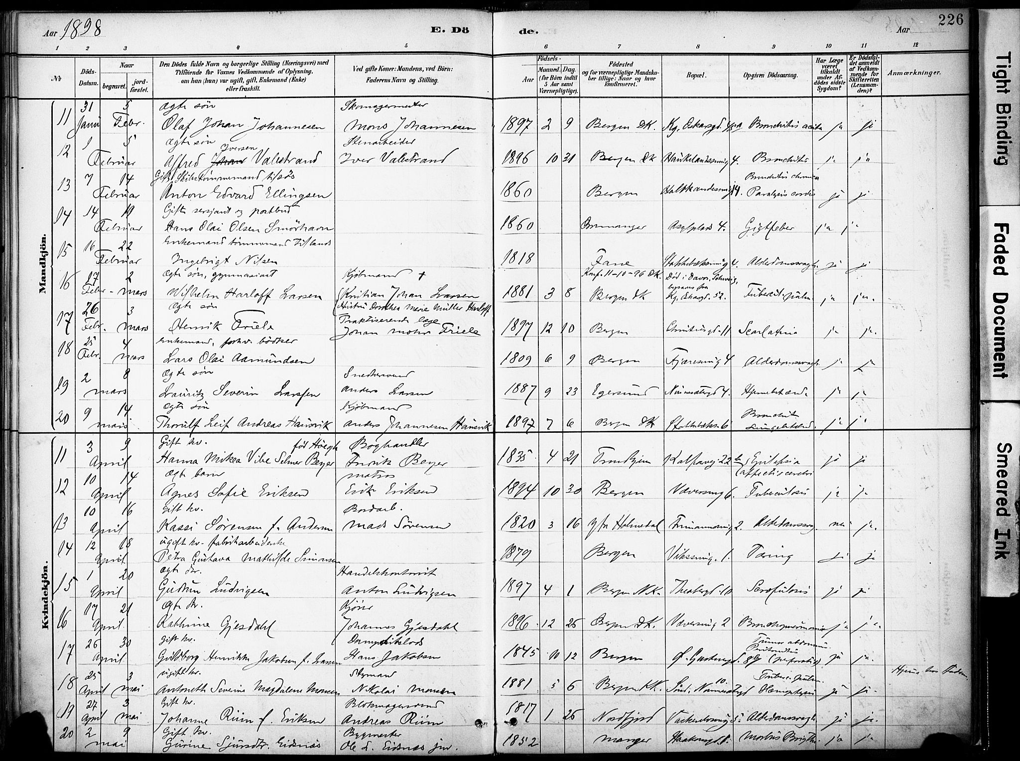 Domkirken sokneprestembete, SAB/A-74801/H/Haa/L0043: Parish register (official) no. E 5, 1882-1904, p. 226