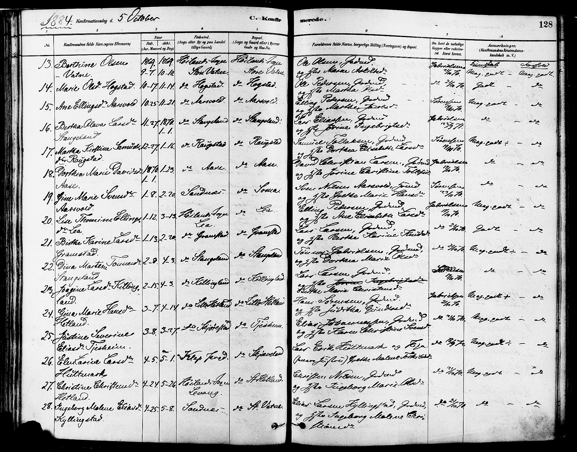 Høyland sokneprestkontor, AV/SAST-A-101799/001/30BA/L0011: Parish register (official) no. A 10, 1878-1888, p. 128