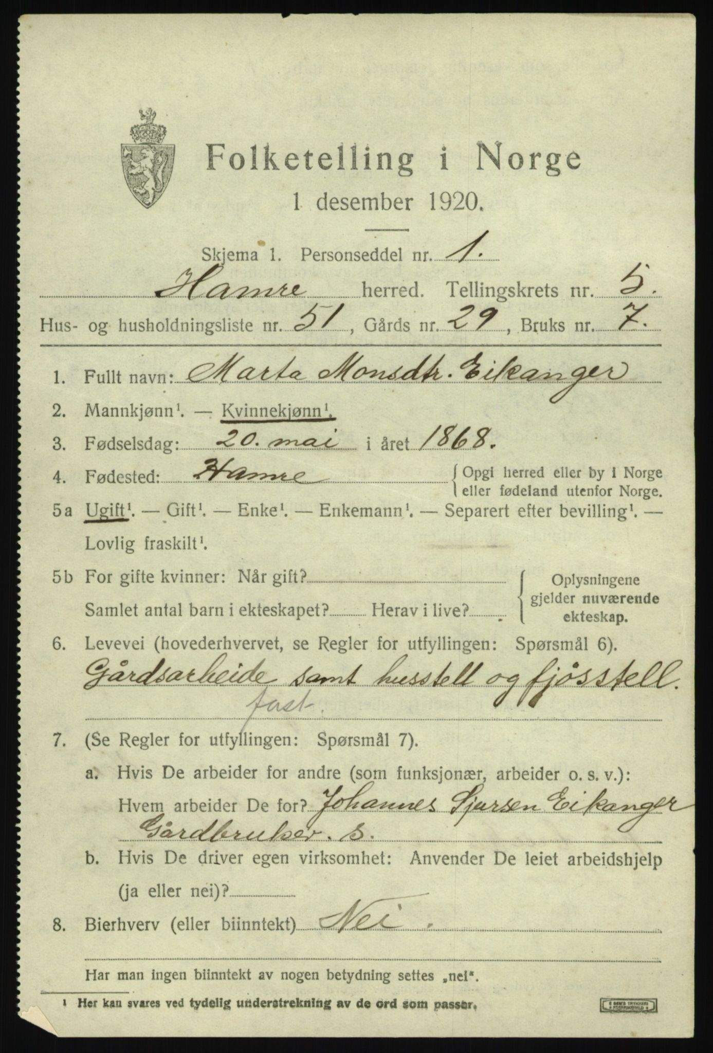 SAB, 1920 census for Hamre, 1920, p. 3447