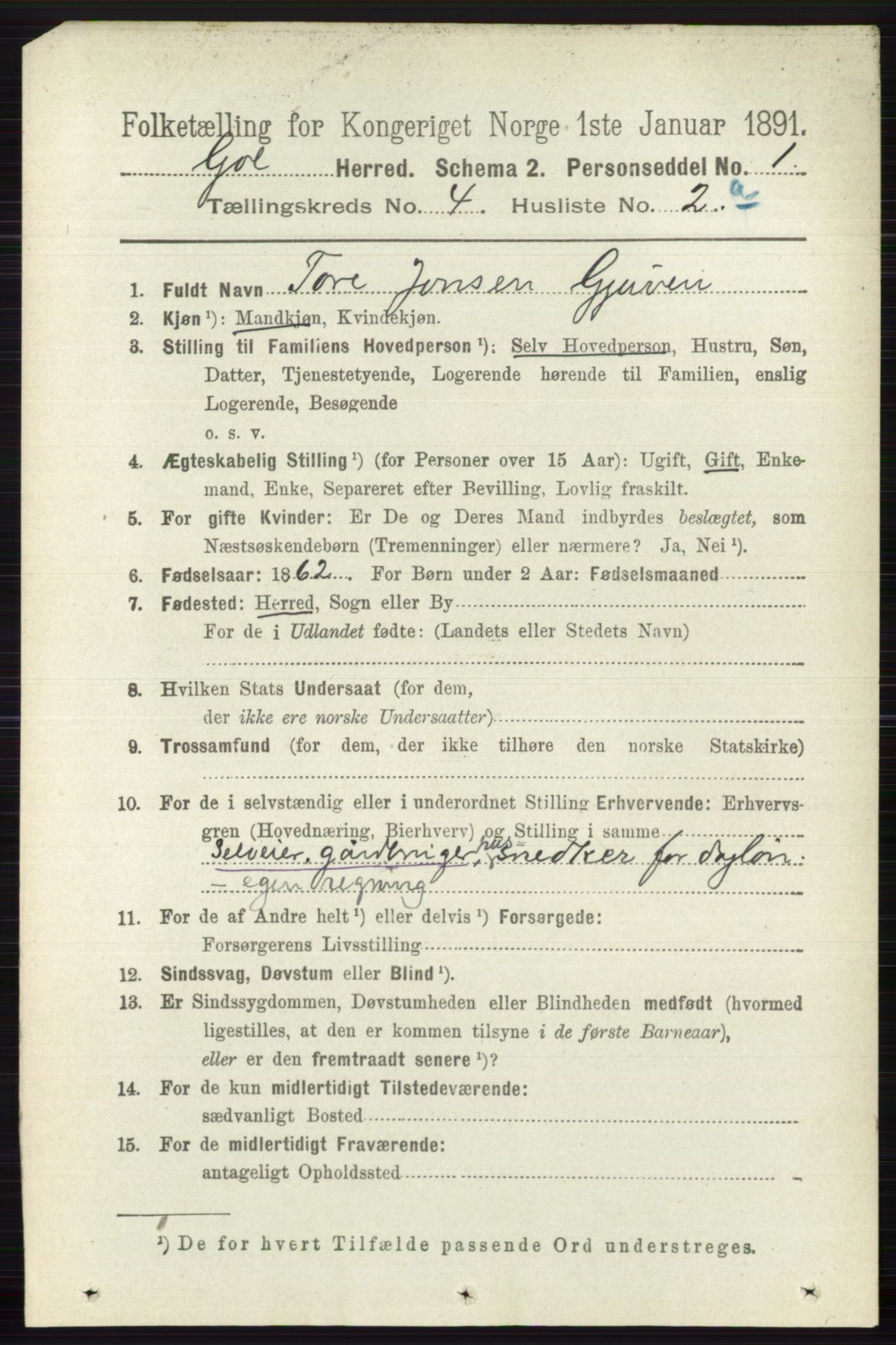 RA, 1891 census for 0617 Gol og Hemsedal, 1891, p. 1823