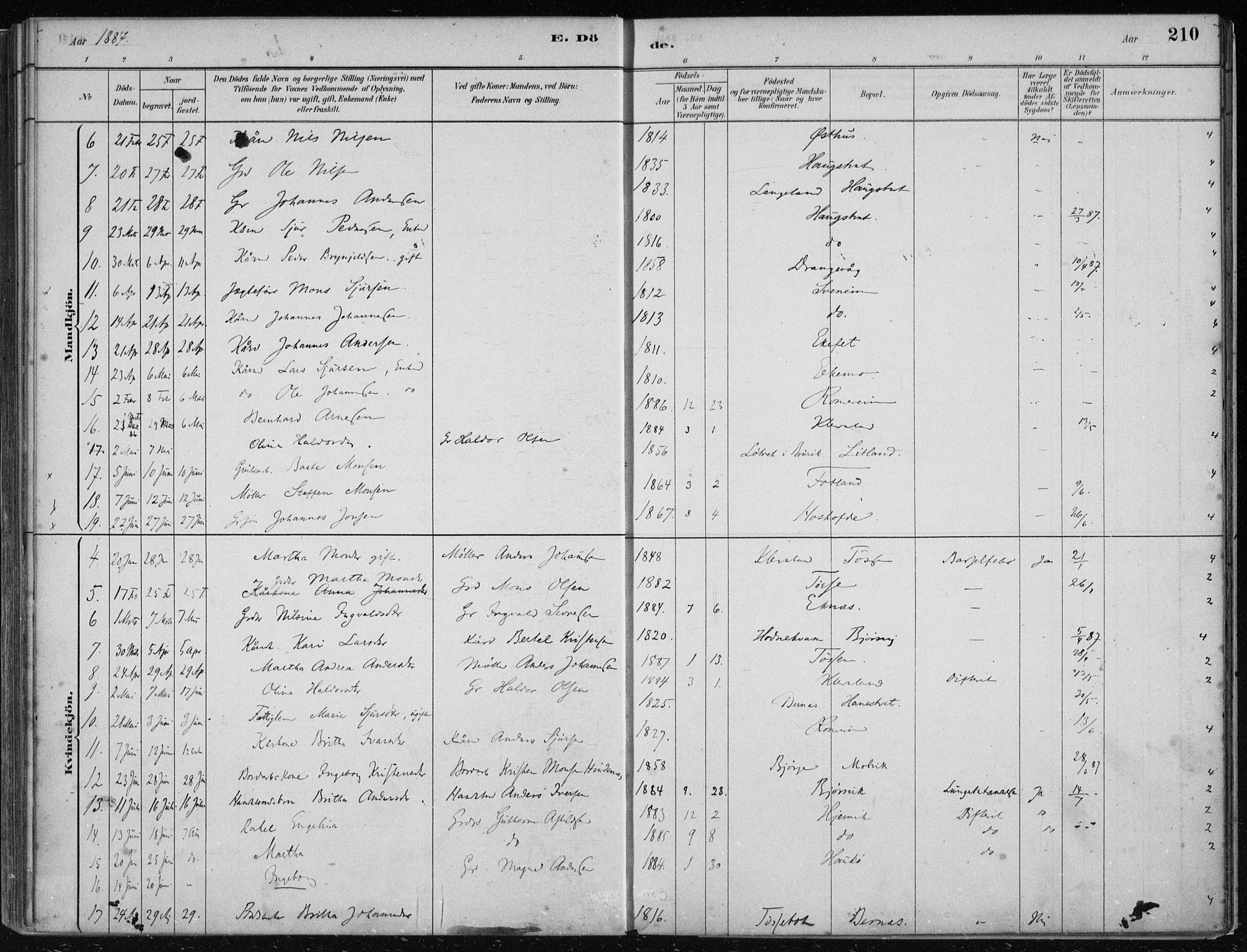 Hosanger sokneprestembete, AV/SAB-A-75801/H/Haa: Parish register (official) no. B  1, 1880-1896, p. 210