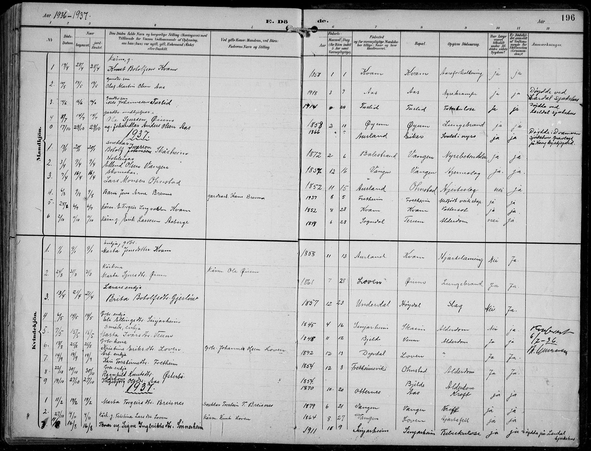 Aurland sokneprestembete, AV/SAB-A-99937/H/Hb/Hba/L0003: Parish register (copy) no. A 3, 1896-1939, p. 196