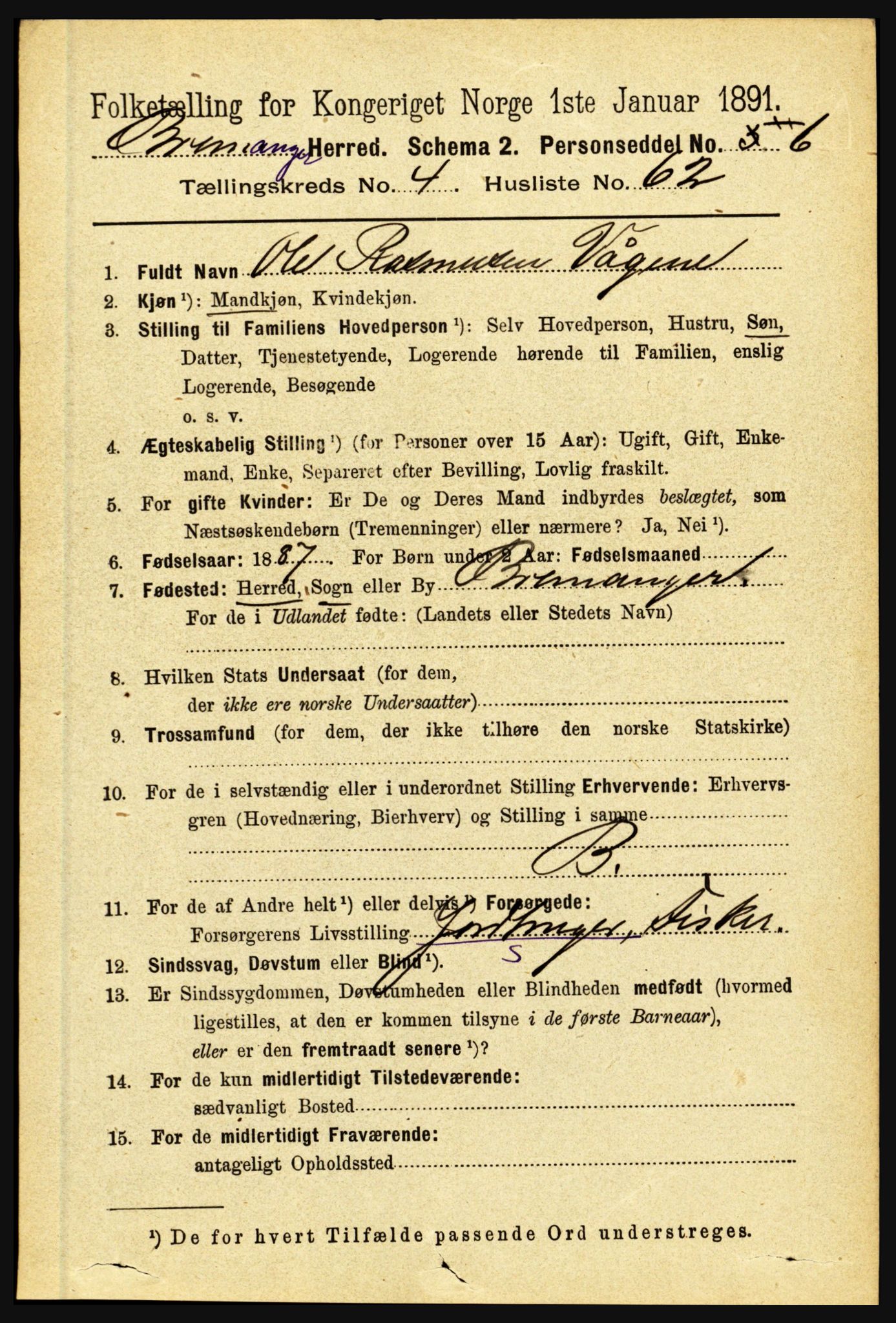 RA, 1891 census for 1438 Bremanger, 1891, p. 1896