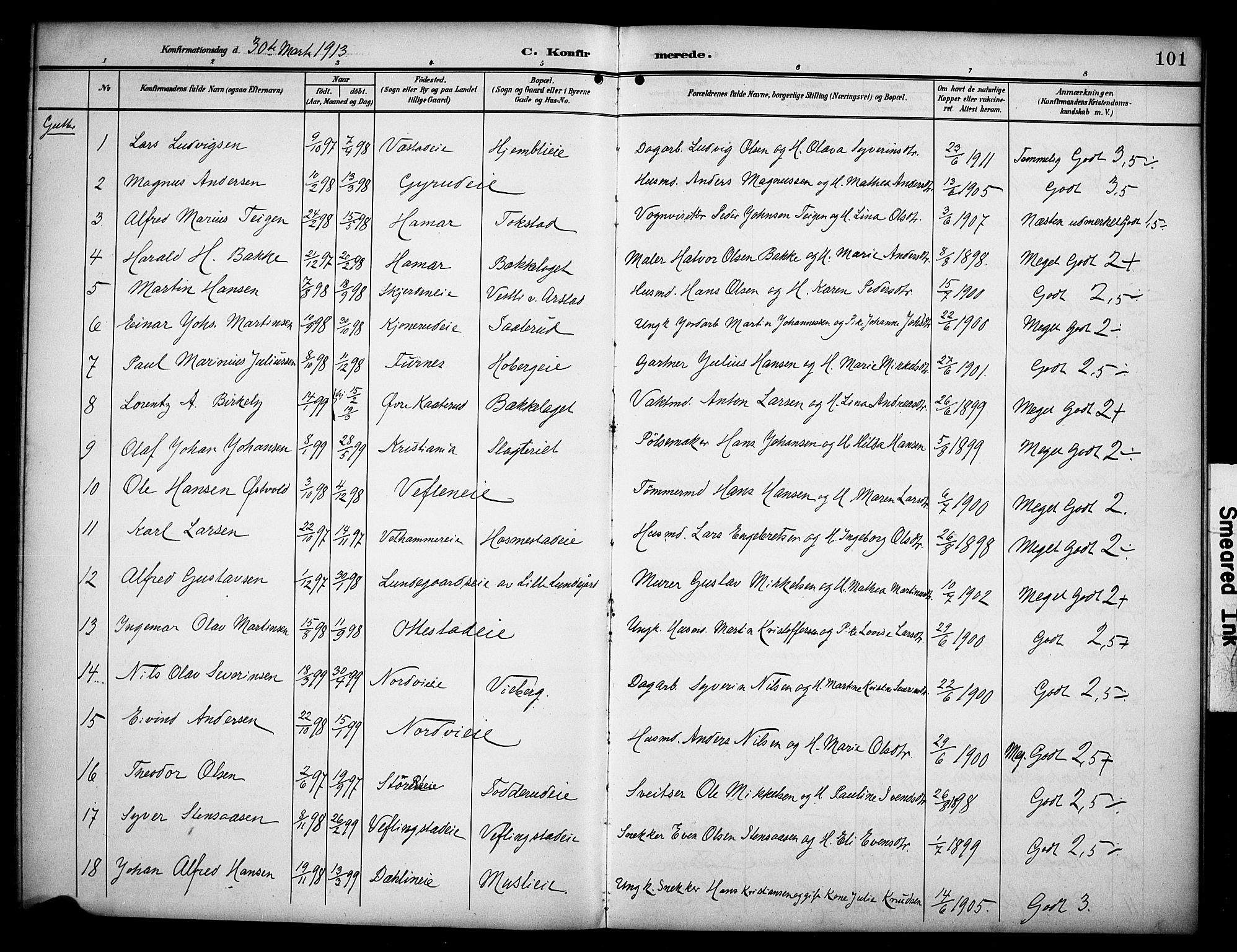 Stange prestekontor, AV/SAH-PREST-002/K/L0022: Parish register (official) no. 22, 1903-1914, p. 101
