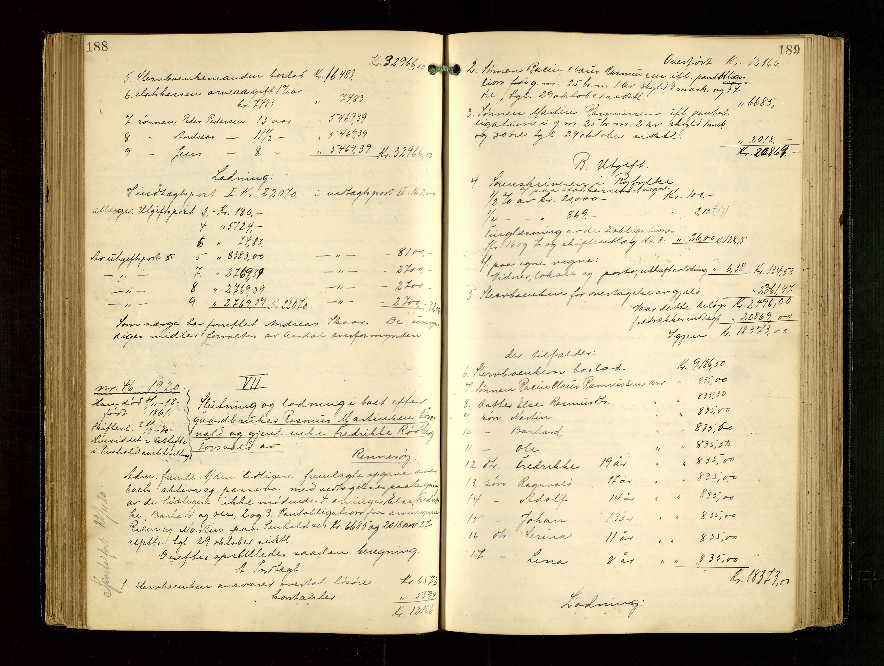 Ryfylke tingrett, AV/SAST-A-100055/001/IV/IVG/L0005: Skifteudlodningsprotokoll Med register, 1918-1924, p. 188-189