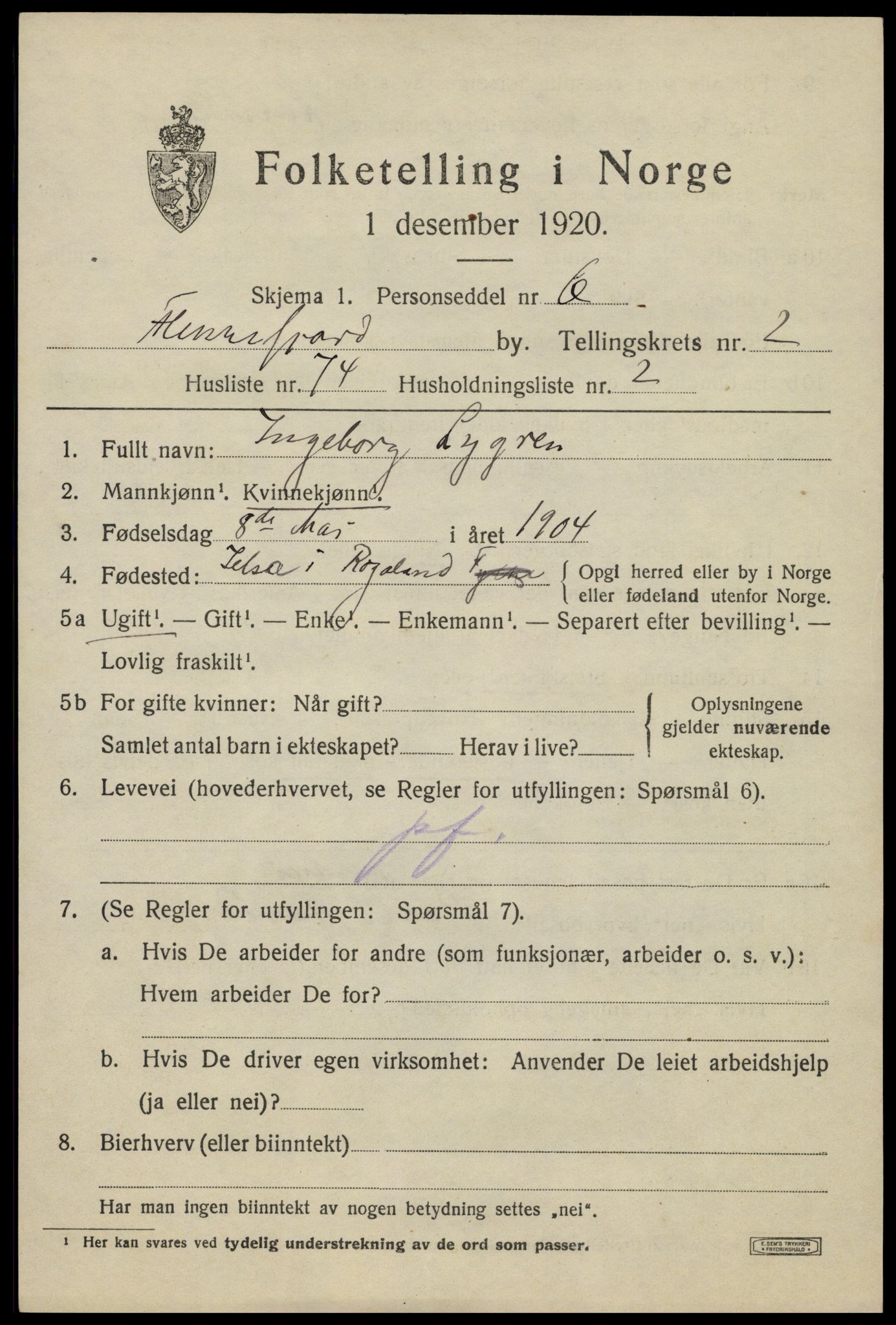 SAK, 1920 census for Flekkefjord, 1920, p. 3392