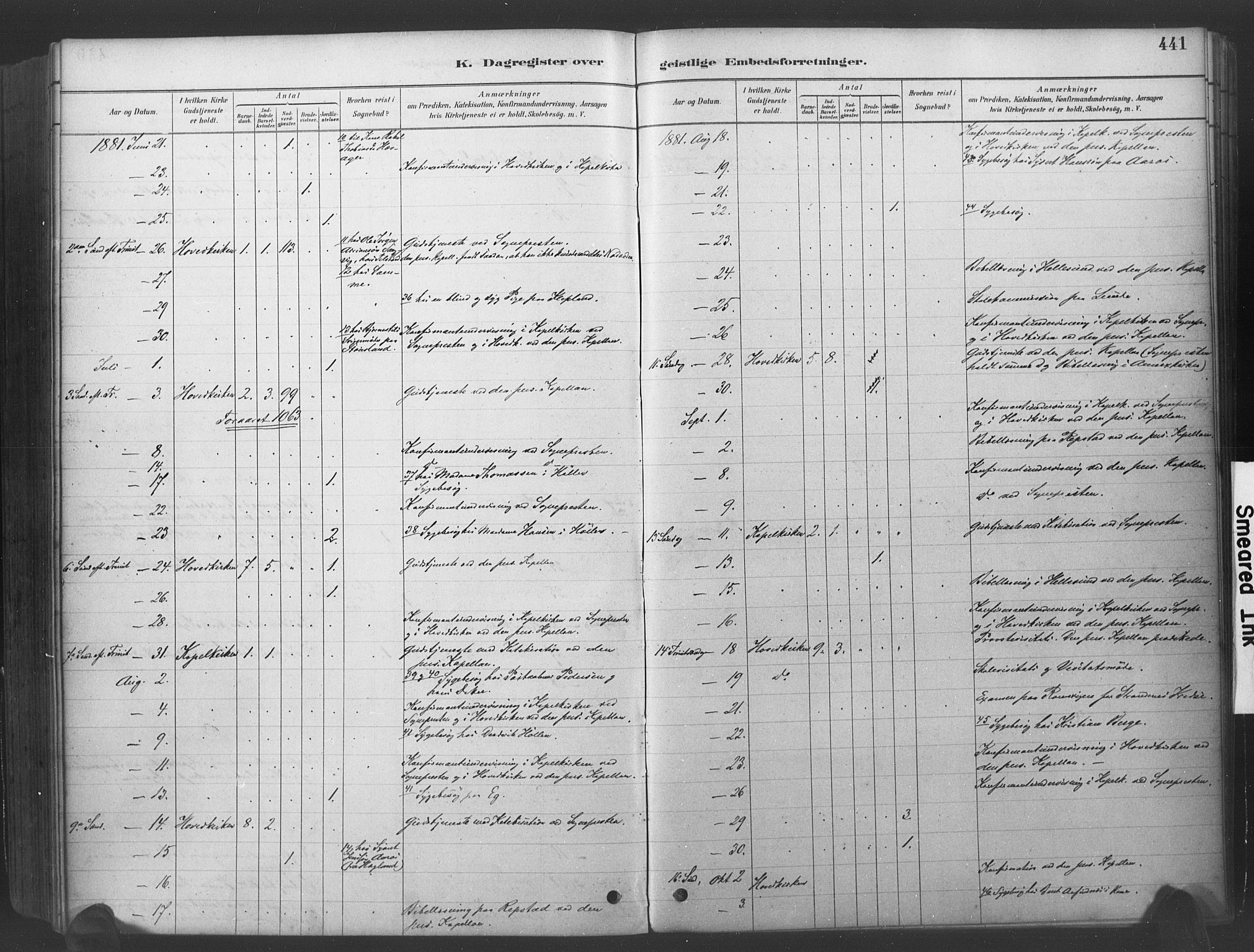 Søgne sokneprestkontor, SAK/1111-0037/F/Fa/Fab/L0012: Parish register (official) no. A 12, 1880-1891, p. 441