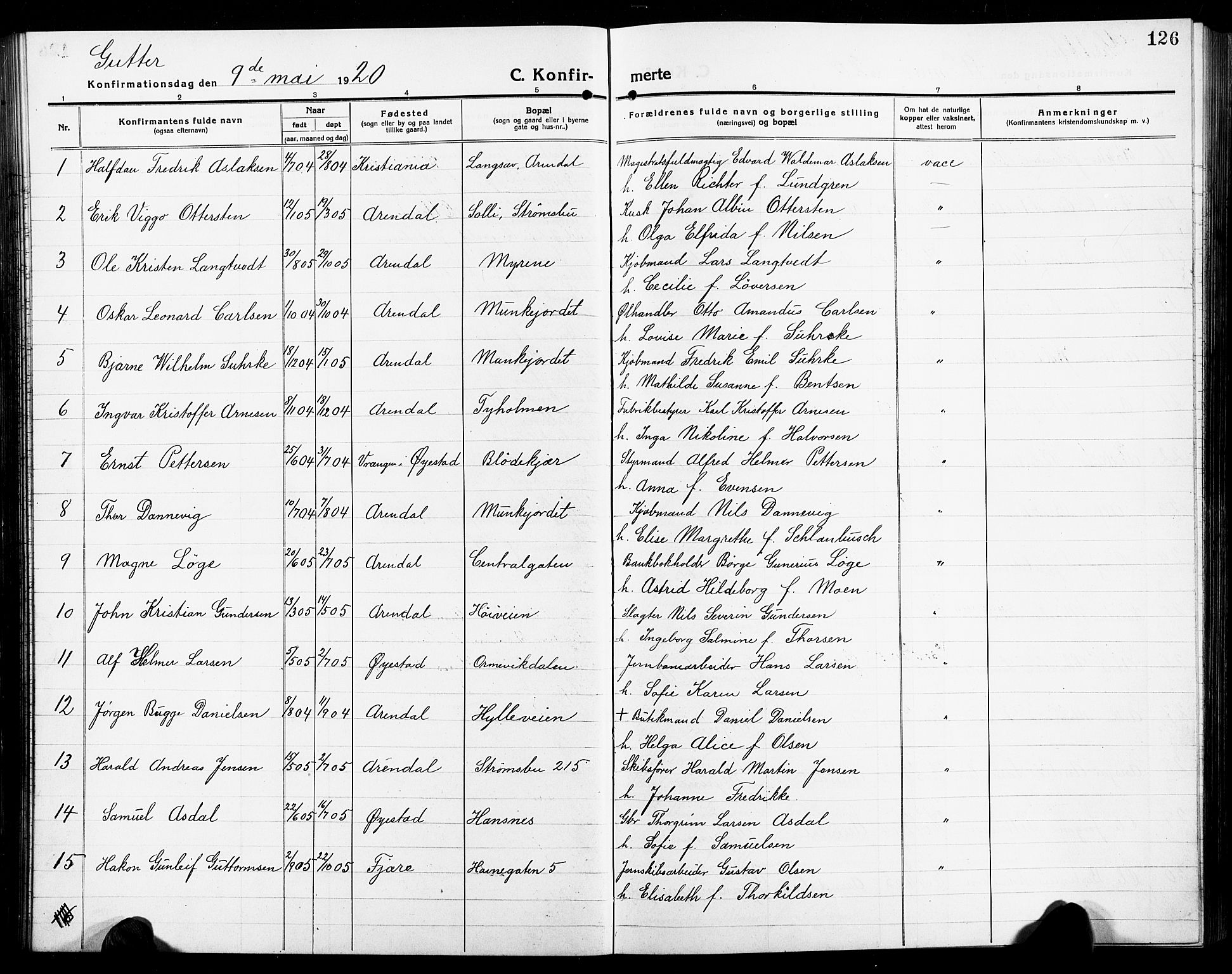 Arendal sokneprestkontor, Trefoldighet, SAK/1111-0040/F/Fb/L0007: Parish register (copy) no. B 7, 1916-1927, p. 126