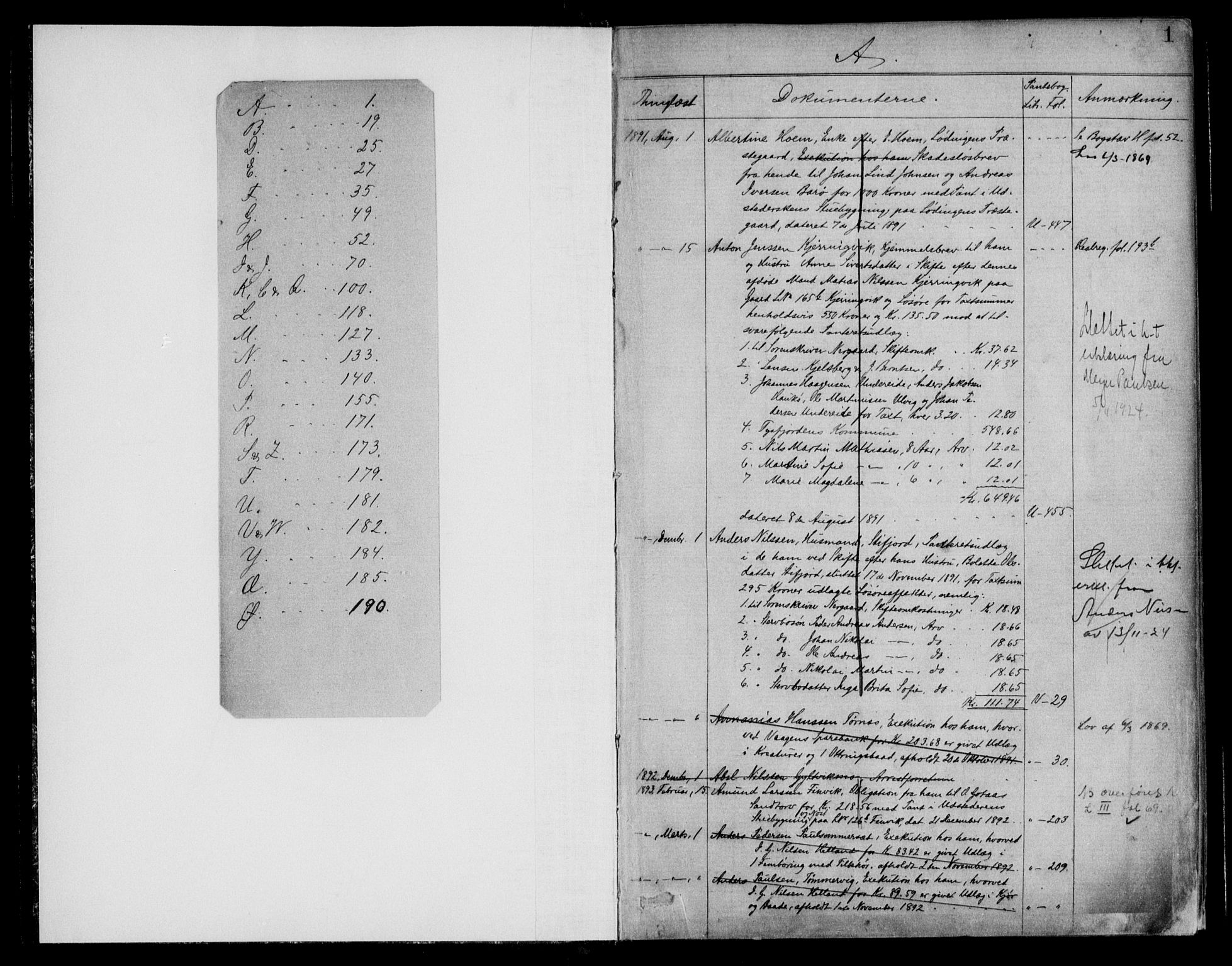 Steigen og Ofoten sorenskriveri, SAT/A-0030/1/2/2B/L0004: Mortgage register no. 4, 1891-1924, p. 1