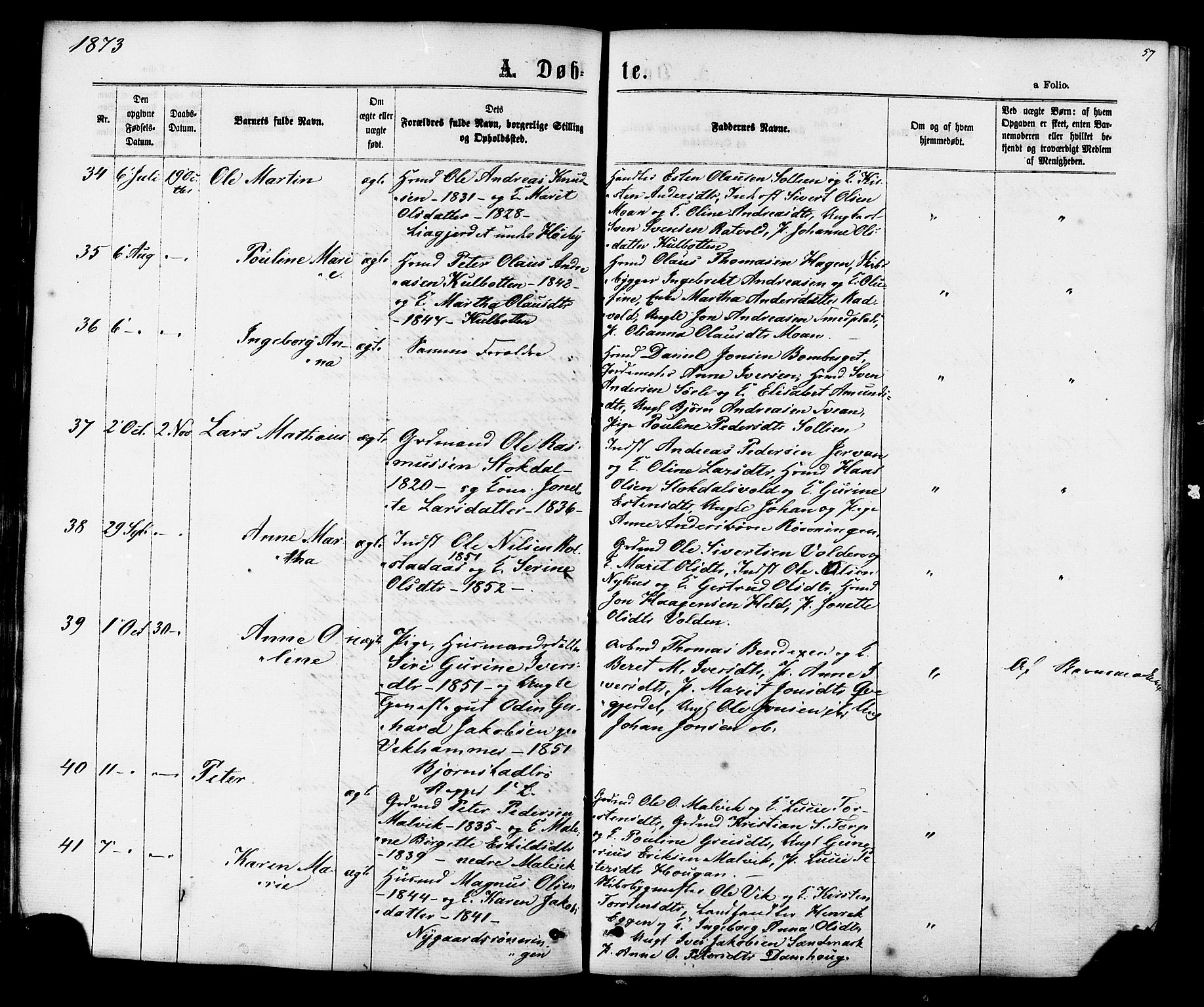 Ministerialprotokoller, klokkerbøker og fødselsregistre - Sør-Trøndelag, SAT/A-1456/616/L0409: Parish register (official) no. 616A06, 1865-1877, p. 57