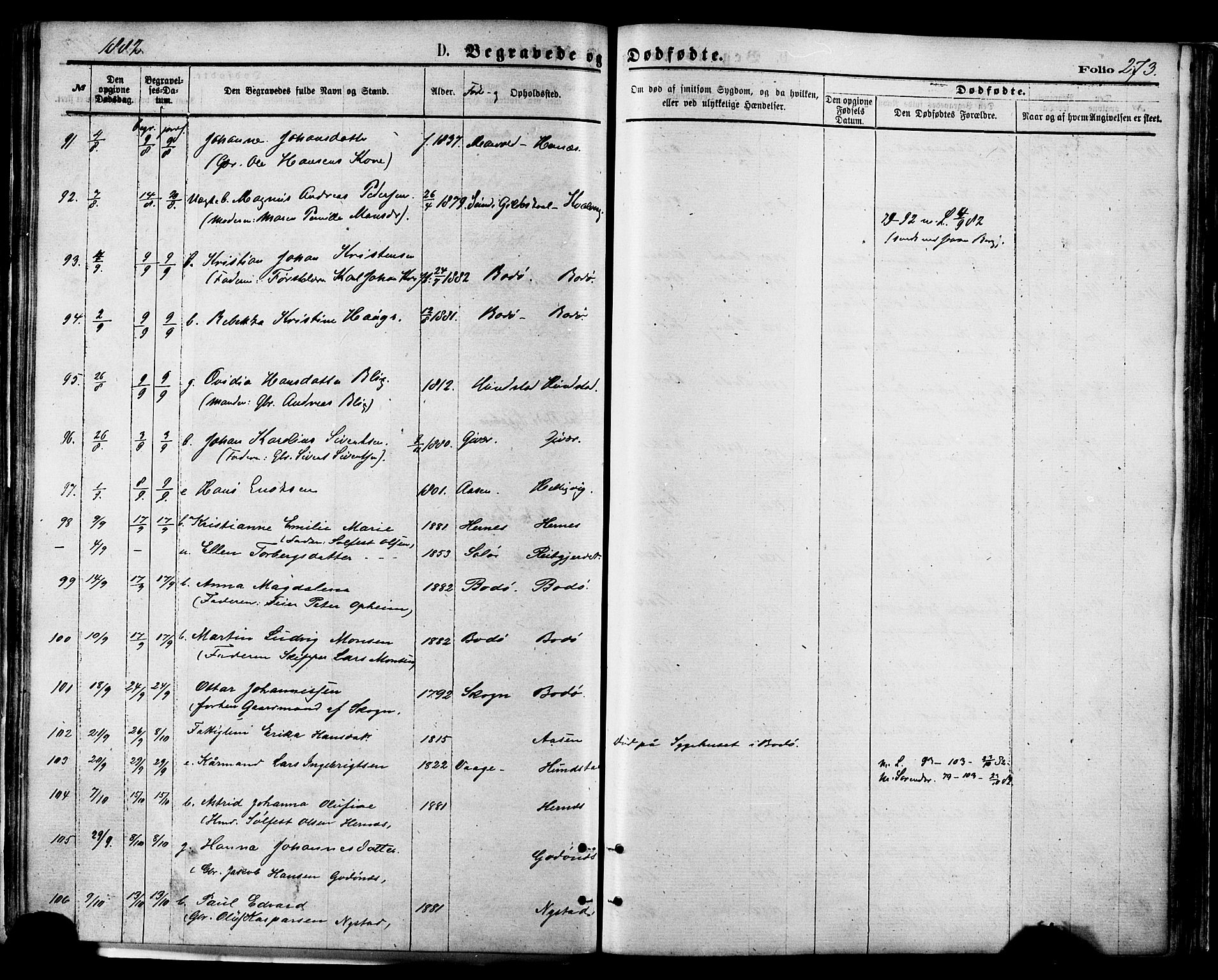 Ministerialprotokoller, klokkerbøker og fødselsregistre - Nordland, AV/SAT-A-1459/801/L0009: Parish register (official) no. 801A09, 1876-1883, p. 273