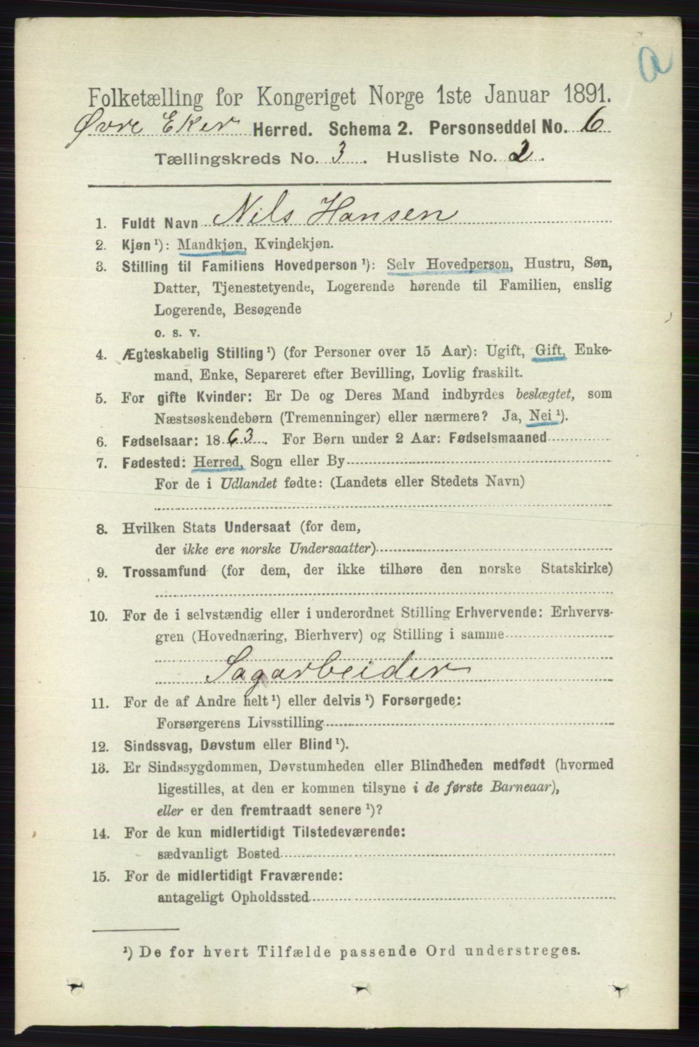 RA, 1891 census for 0624 Øvre Eiker, 1891, p. 999