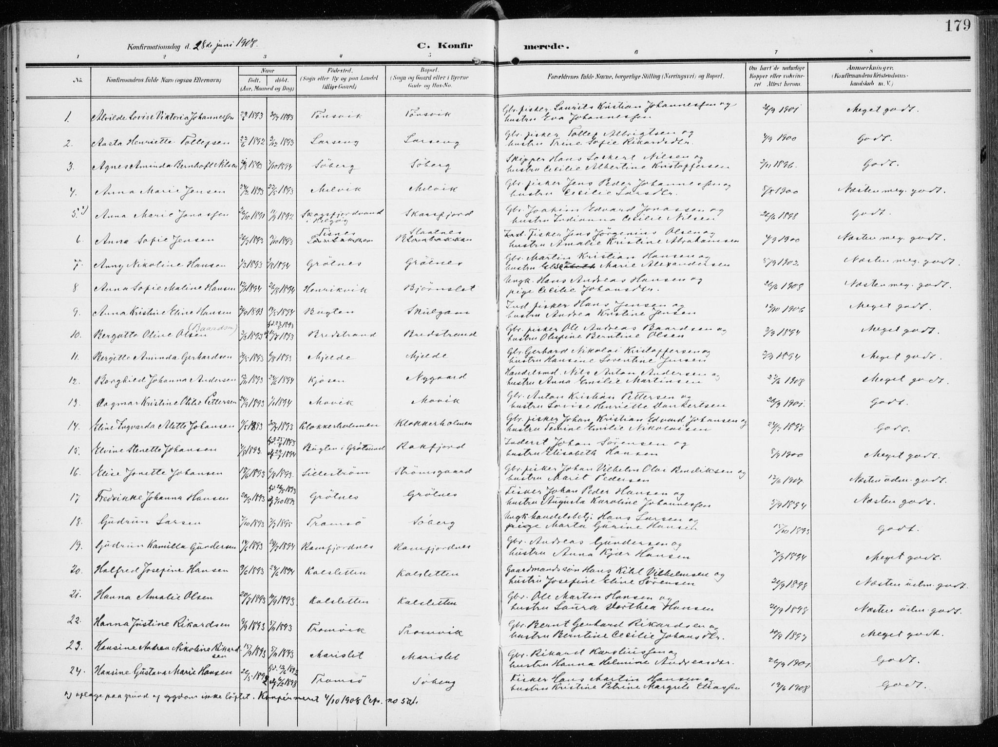 Tromsøysund sokneprestkontor, AV/SATØ-S-1304/G/Ga/L0007kirke: Parish register (official) no. 7, 1907-1914, p. 179