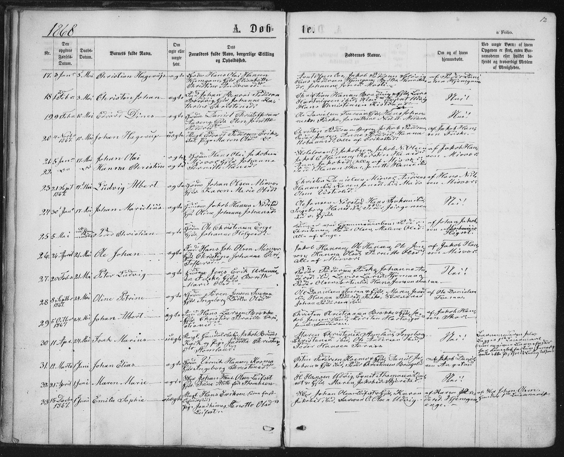 Ministerialprotokoller, klokkerbøker og fødselsregistre - Nordland, AV/SAT-A-1459/852/L0739: Parish register (official) no. 852A09, 1866-1877, p. 12