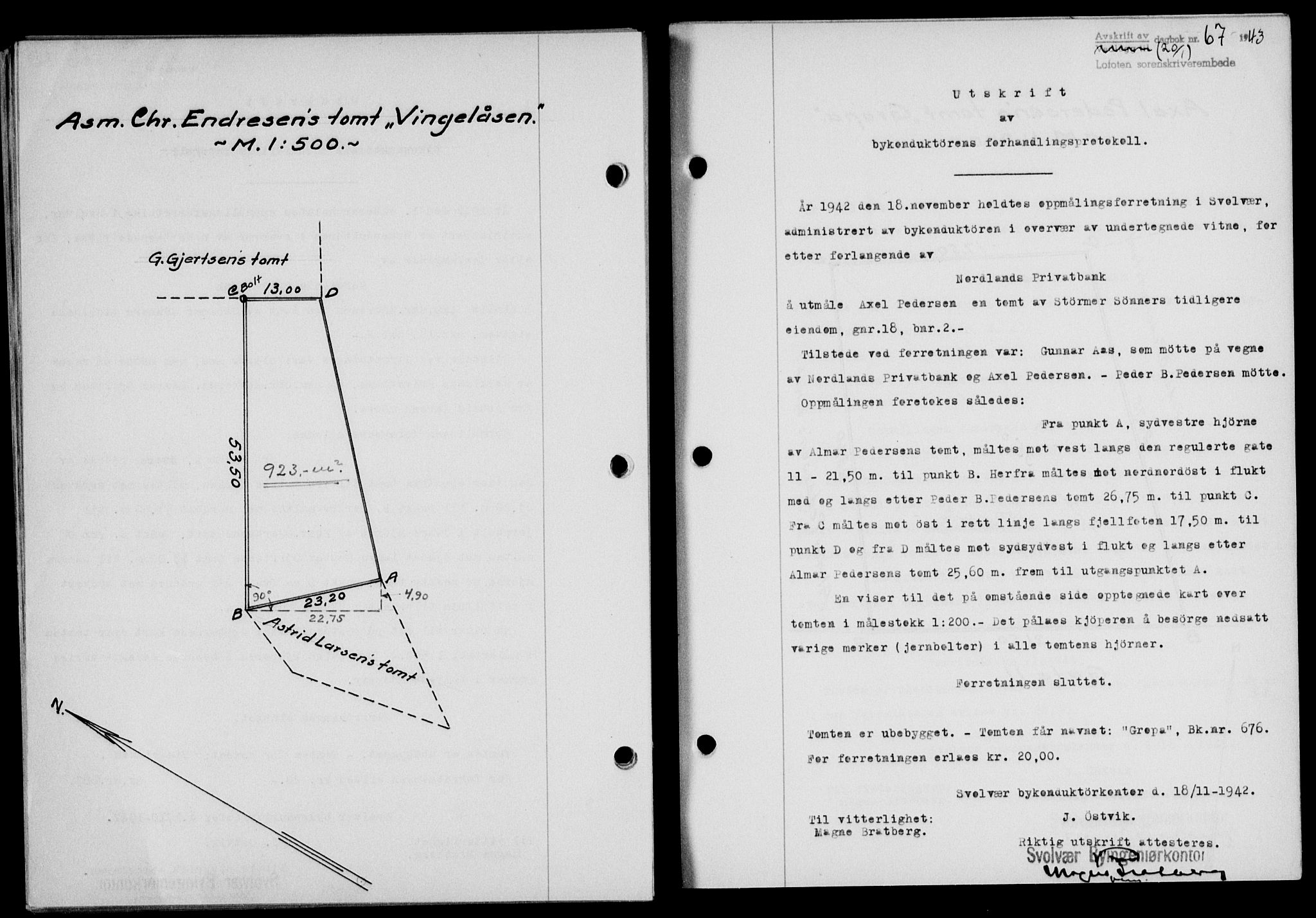 Lofoten sorenskriveri, SAT/A-0017/1/2/2C/L0010a: Mortgage book no. 10a, 1942-1943, Diary no: : 67/1943