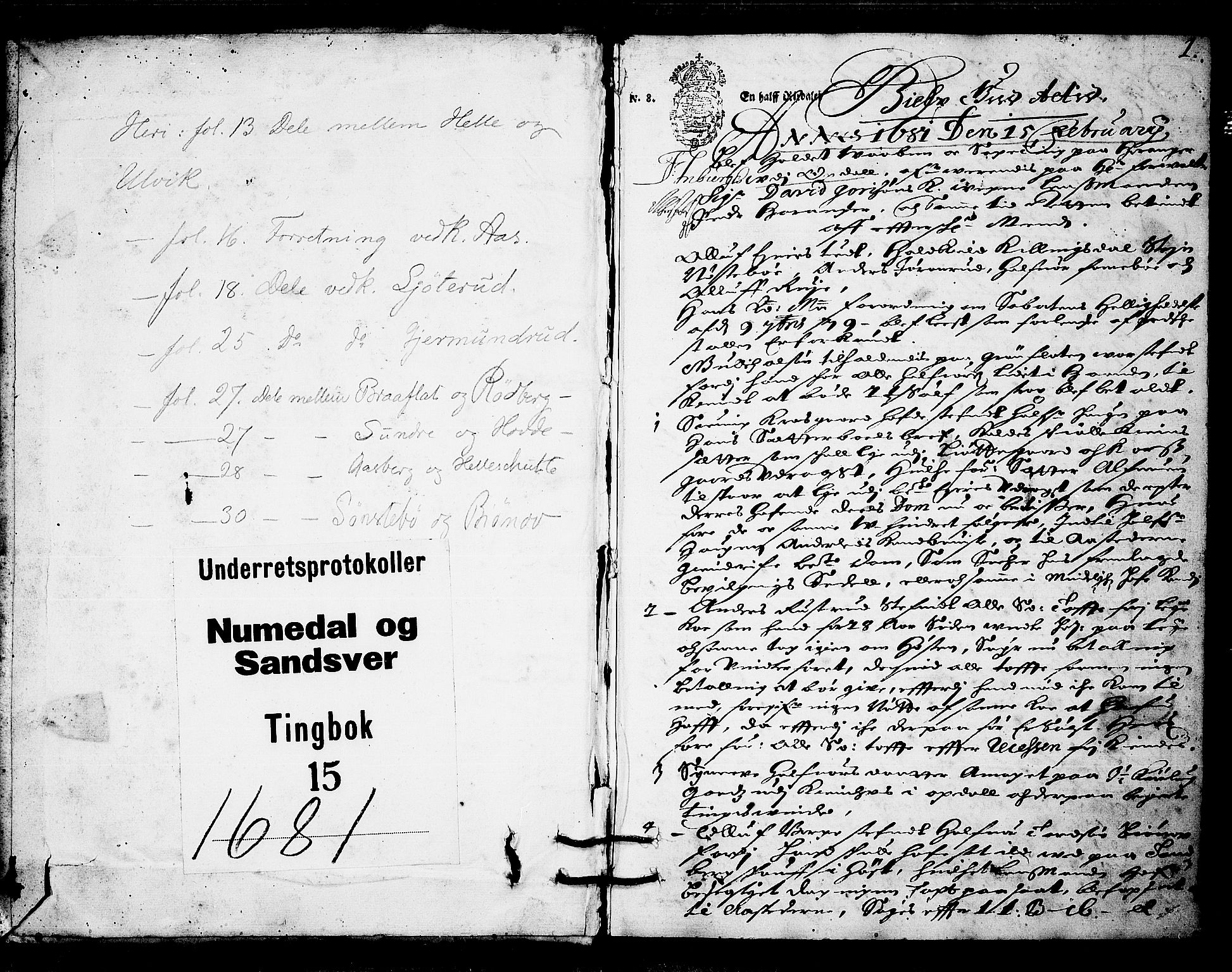 Numedal og Sandsvær sorenskriveri, SAKO/A-128/F/Fa/Faa/L0015: Tingbøker, 1681, p. 0b-1a