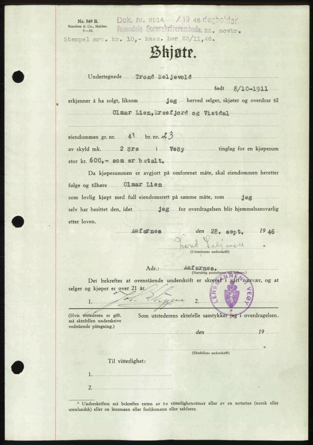 Romsdal sorenskriveri, AV/SAT-A-4149/1/2/2C: Mortgage book no. A21, 1946-1946, Diary no: : 2514/1946