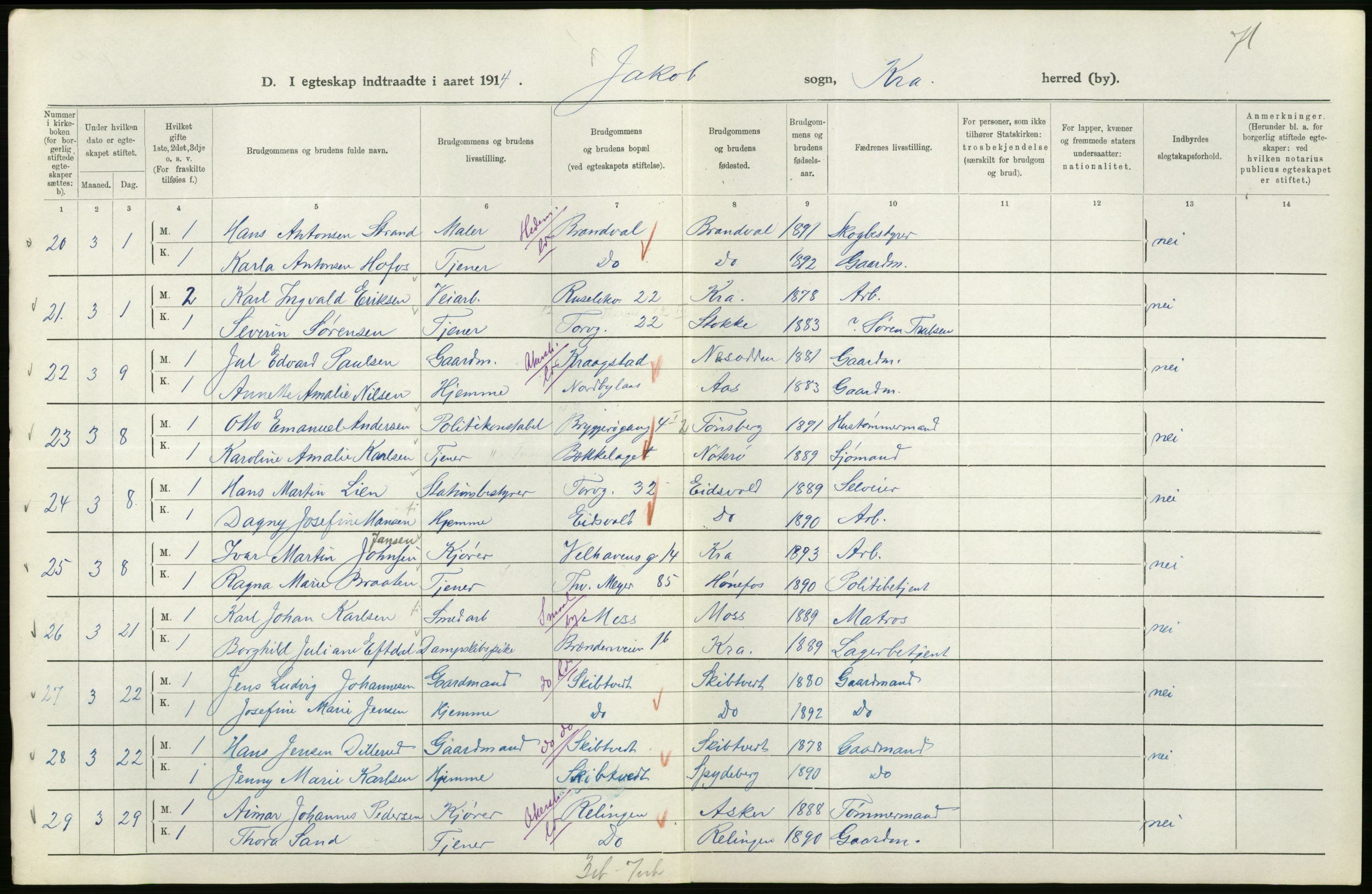 Statistisk sentralbyrå, Sosiodemografiske emner, Befolkning, AV/RA-S-2228/D/Df/Dfb/Dfbd/L0007: Kristiania: Gifte, 1914, p. 30