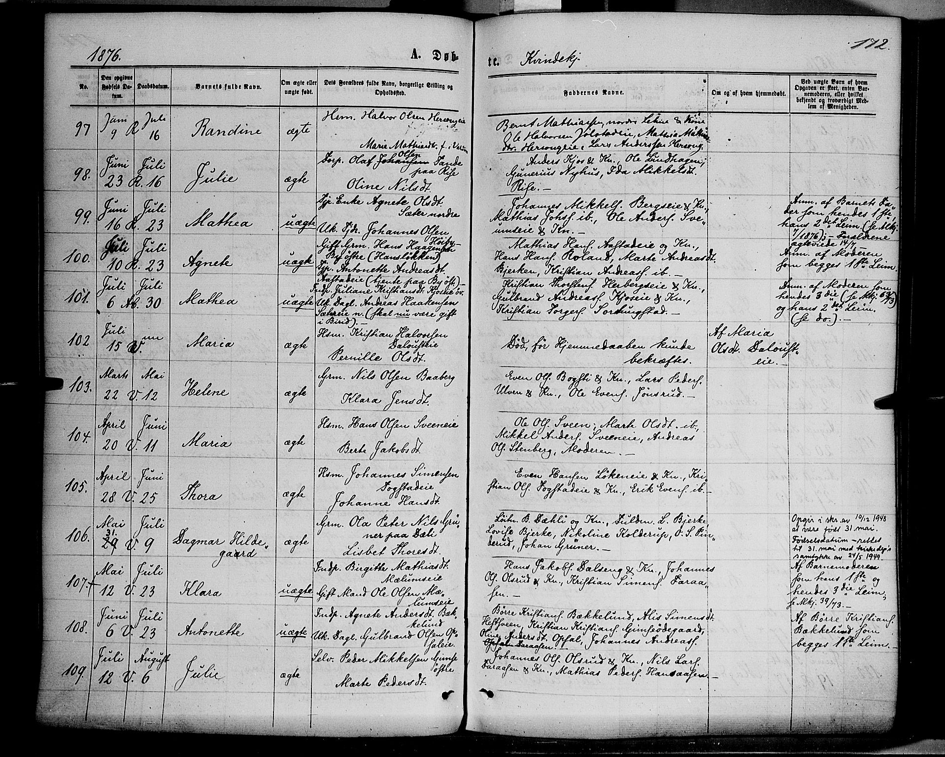 Ringsaker prestekontor, AV/SAH-PREST-014/K/Ka/L0011: Parish register (official) no. 11, 1870-1878, p. 172