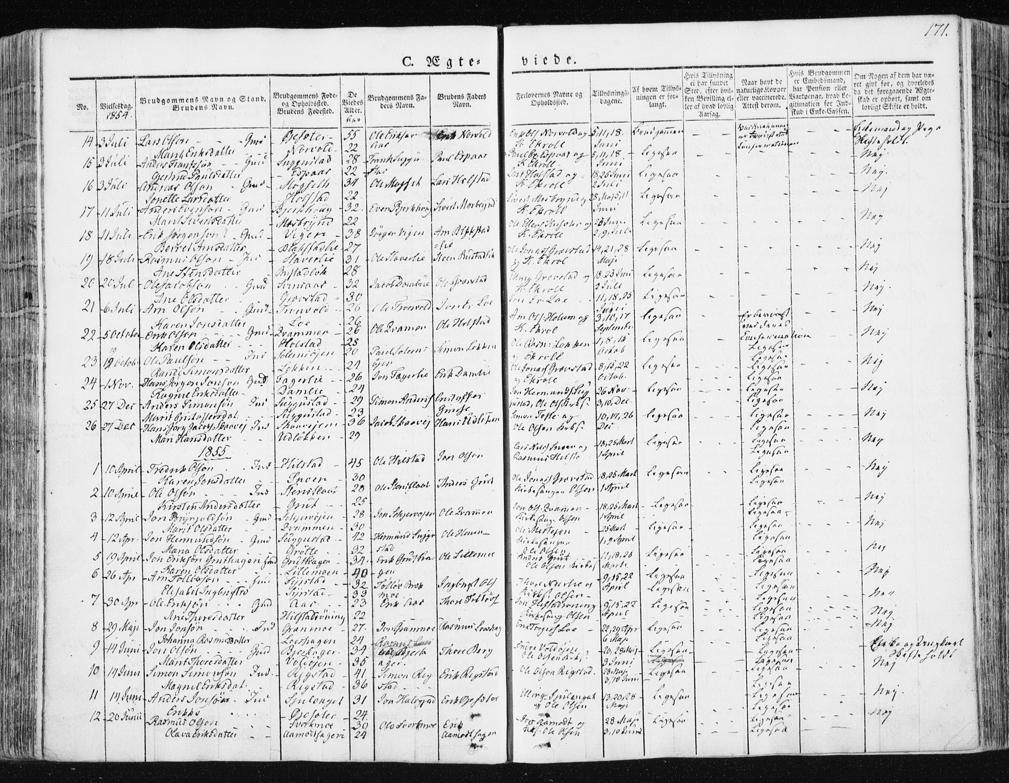 Ministerialprotokoller, klokkerbøker og fødselsregistre - Sør-Trøndelag, SAT/A-1456/672/L0855: Parish register (official) no. 672A07, 1829-1860, p. 171