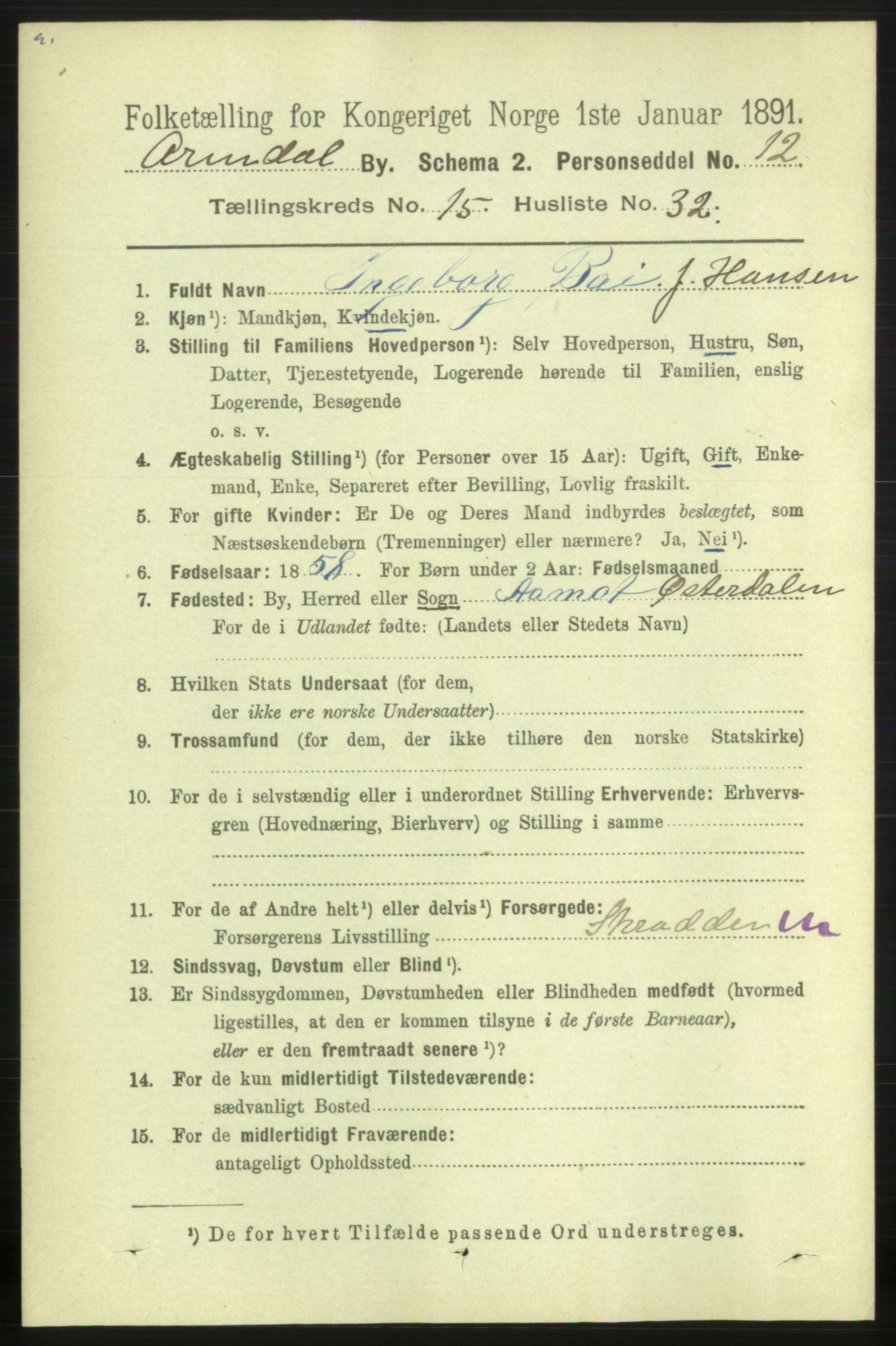 RA, 1891 census for 0903 Arendal, 1891, p. 5347