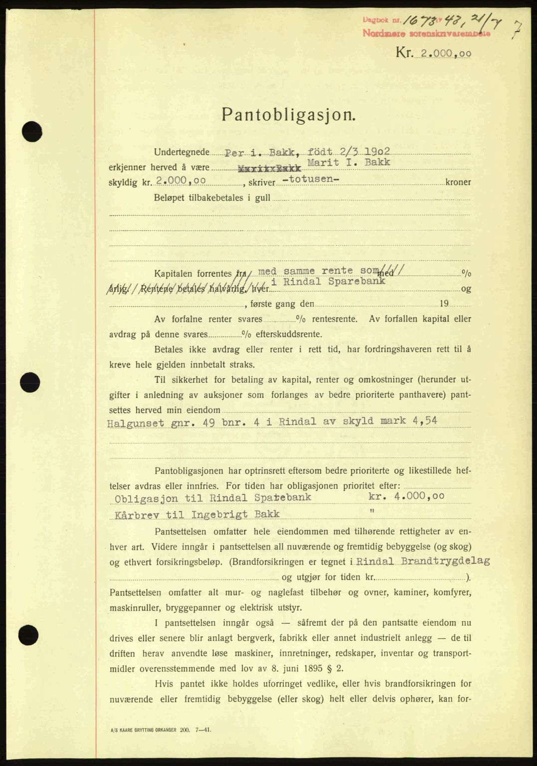 Nordmøre sorenskriveri, AV/SAT-A-4132/1/2/2Ca: Mortgage book no. B91, 1943-1944, Diary no: : 1673/1943