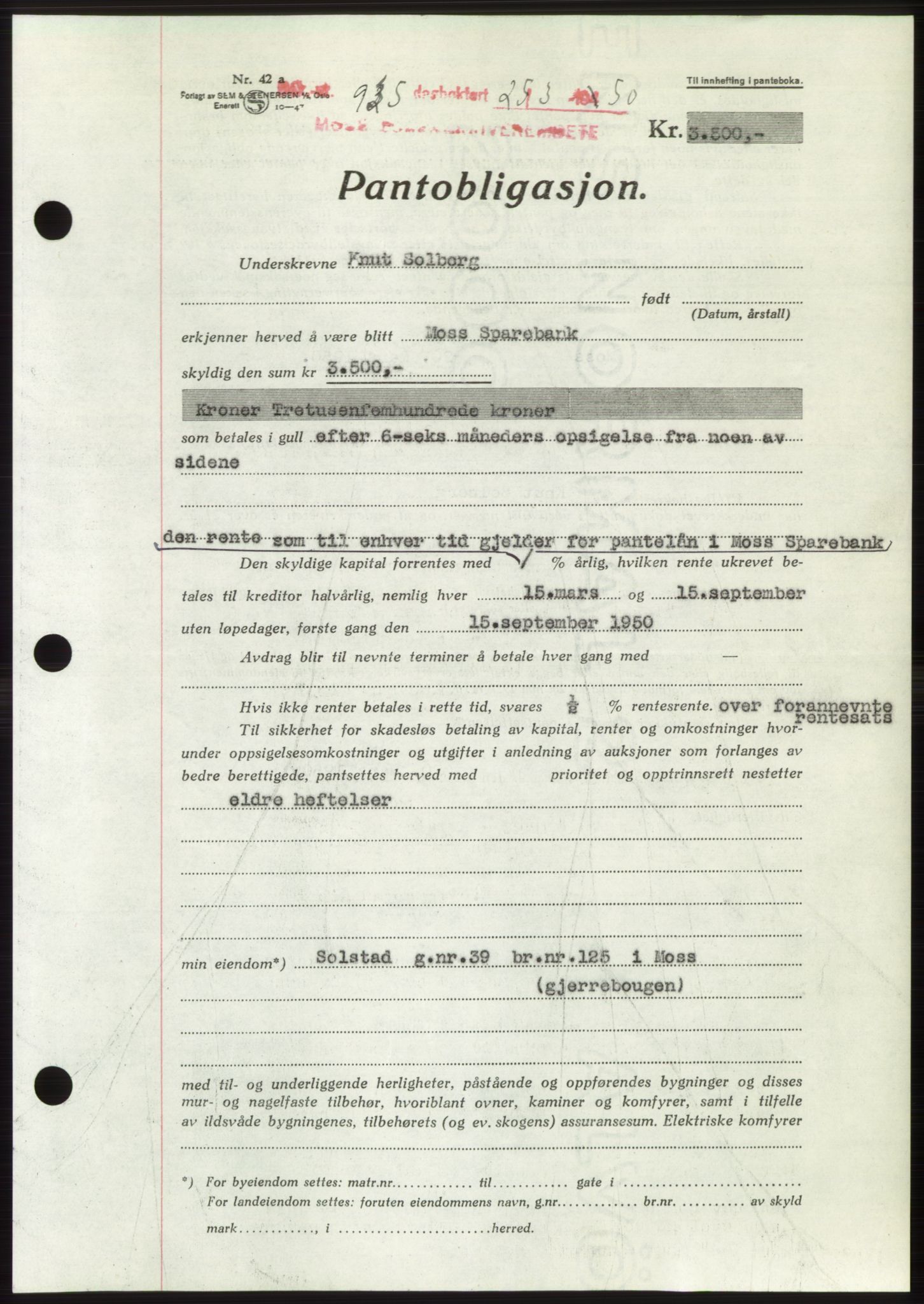 Moss sorenskriveri, AV/SAO-A-10168: Mortgage book no. B24, 1950-1950, Diary no: : 935/1950