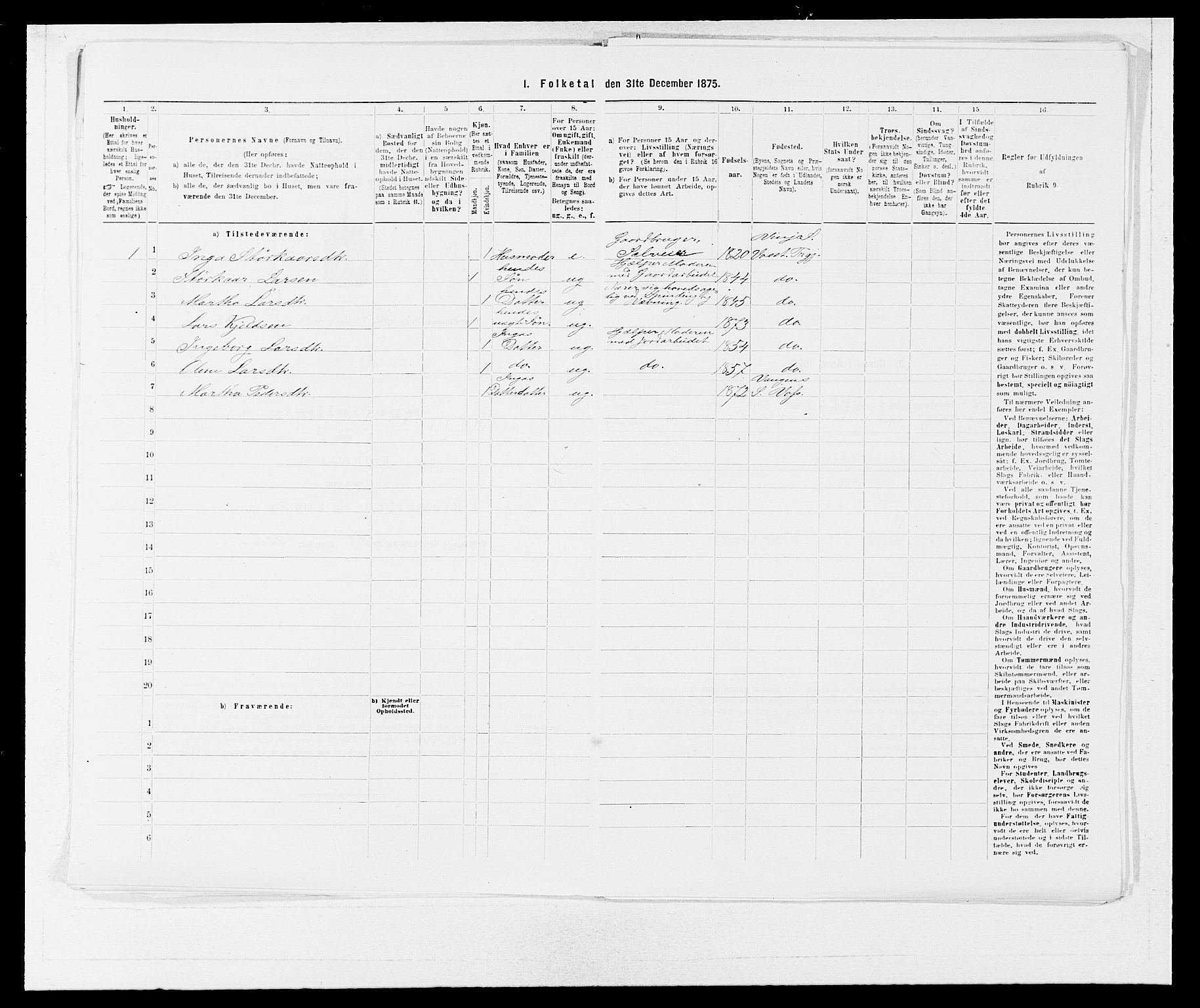 SAB, 1875 census for 1236P Vossestrand, 1875, p. 206