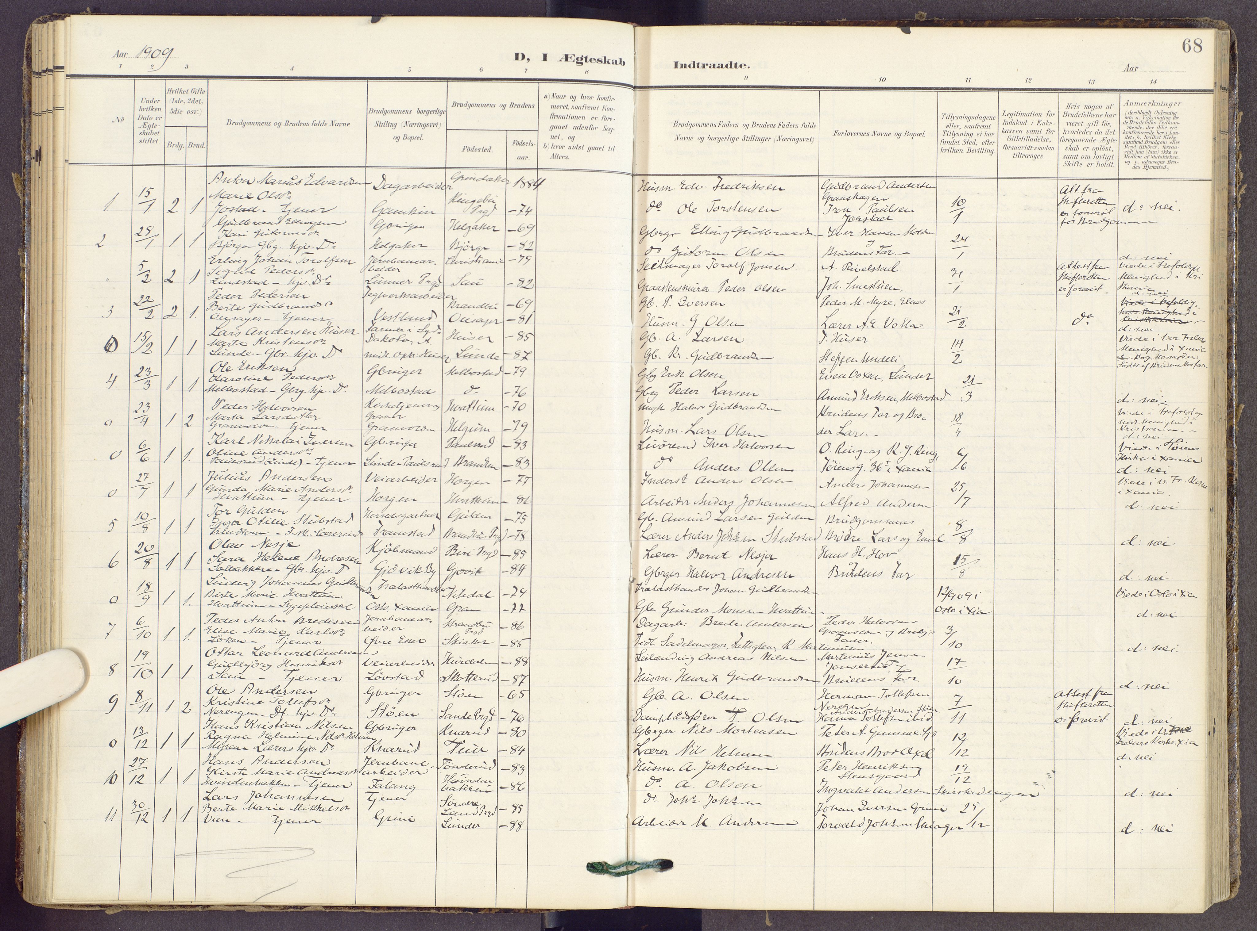 Gran prestekontor, SAH/PREST-112/H/Ha/Haa/L0022: Parish register (official) no. 22, 1908-1918, p. 68
