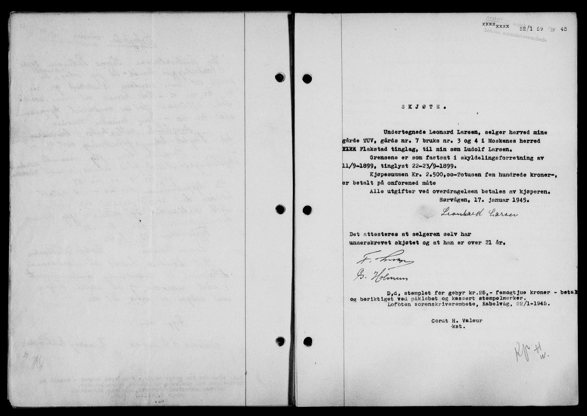 Lofoten sorenskriveri, SAT/A-0017/1/2/2C/L0013a: Mortgage book no. 13a, 1944-1946, Diary no: : 59/1945