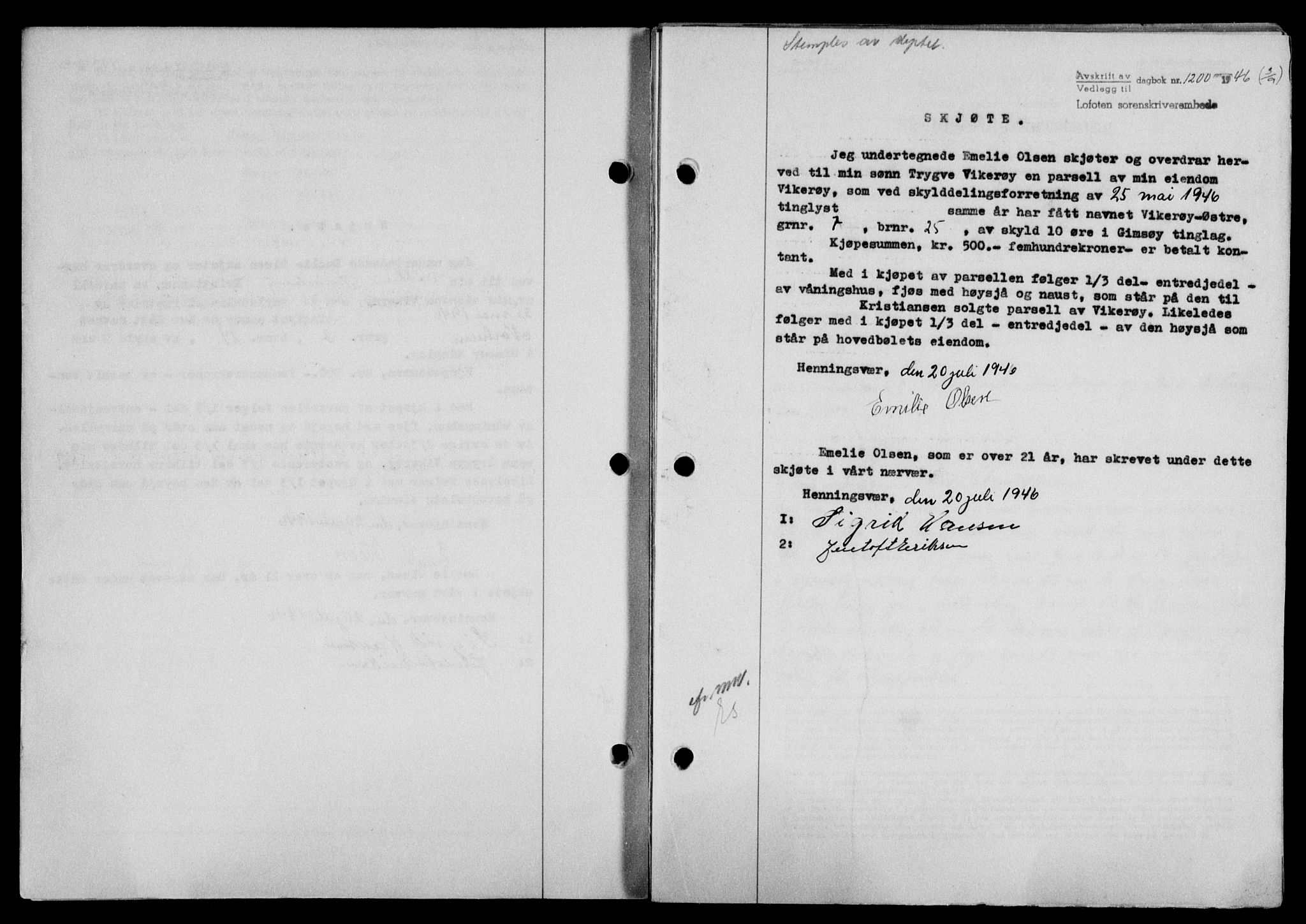 Lofoten sorenskriveri, SAT/A-0017/1/2/2C/L0014a: Mortgage book no. 14a, 1946-1946, Diary no: : 1200/1946