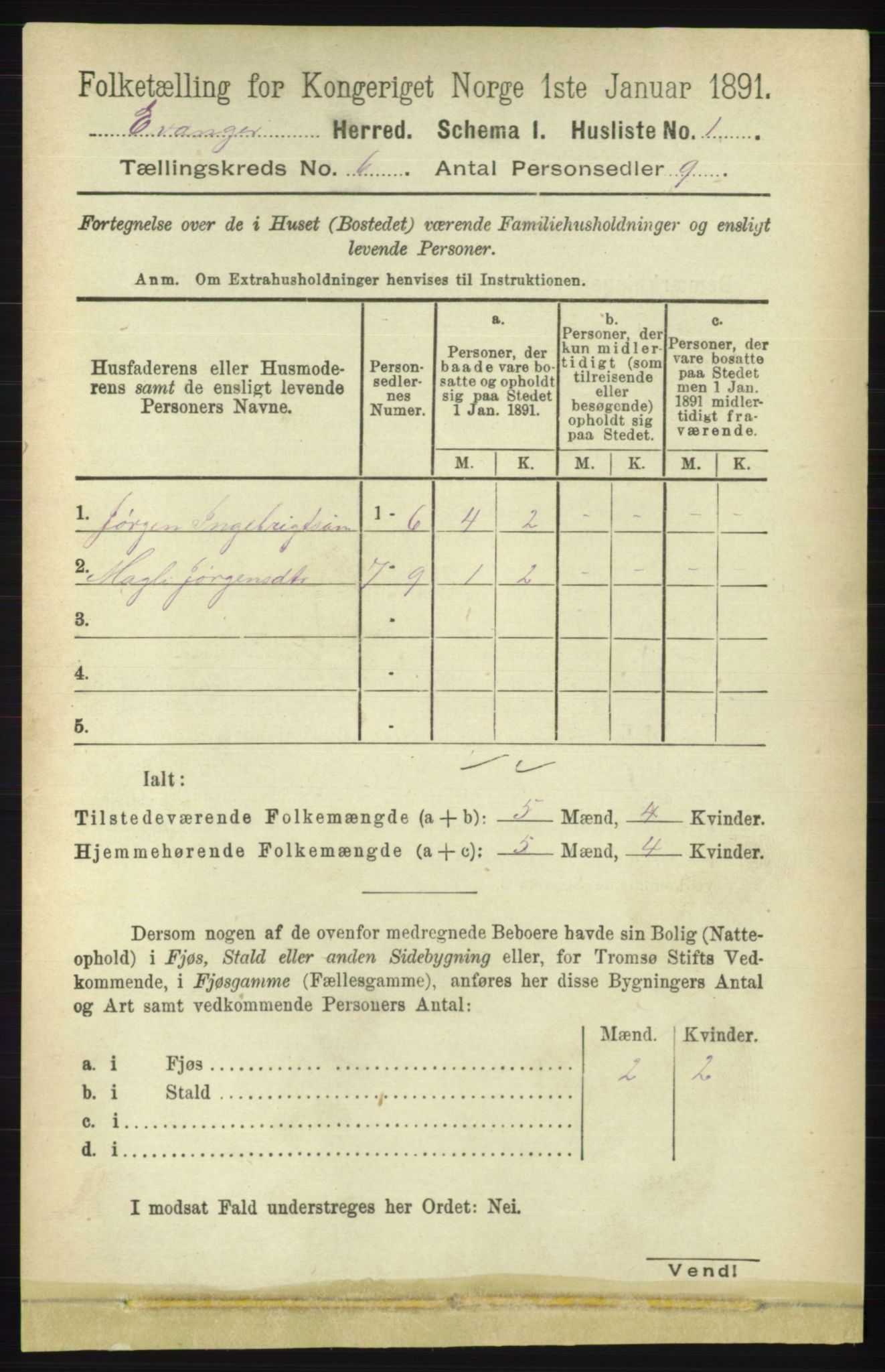 RA, 1891 census for 1237 Evanger, 1891, p. 1580