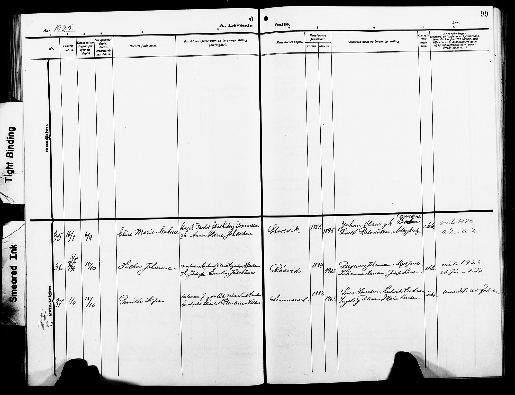 Ministerialprotokoller, klokkerbøker og fødselsregistre - Nordland, AV/SAT-A-1459/854/L0787: Parish register (copy) no. 854C03, 1913-1926, p. 99