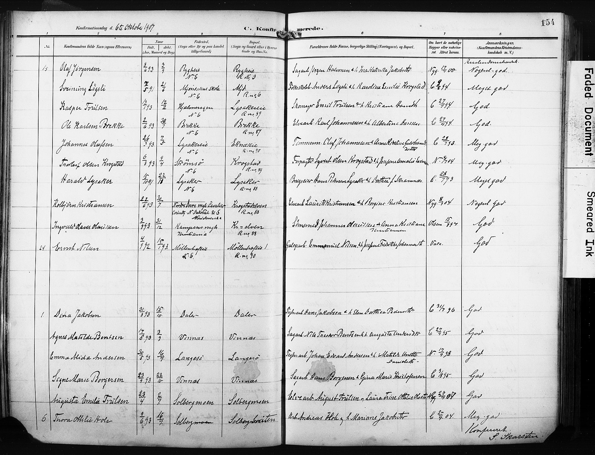 Nedre Eiker kirkebøker, AV/SAKO-A-612/F/Fa/L0006: Parish register (official) no. 6, 1906-1912, p. 154