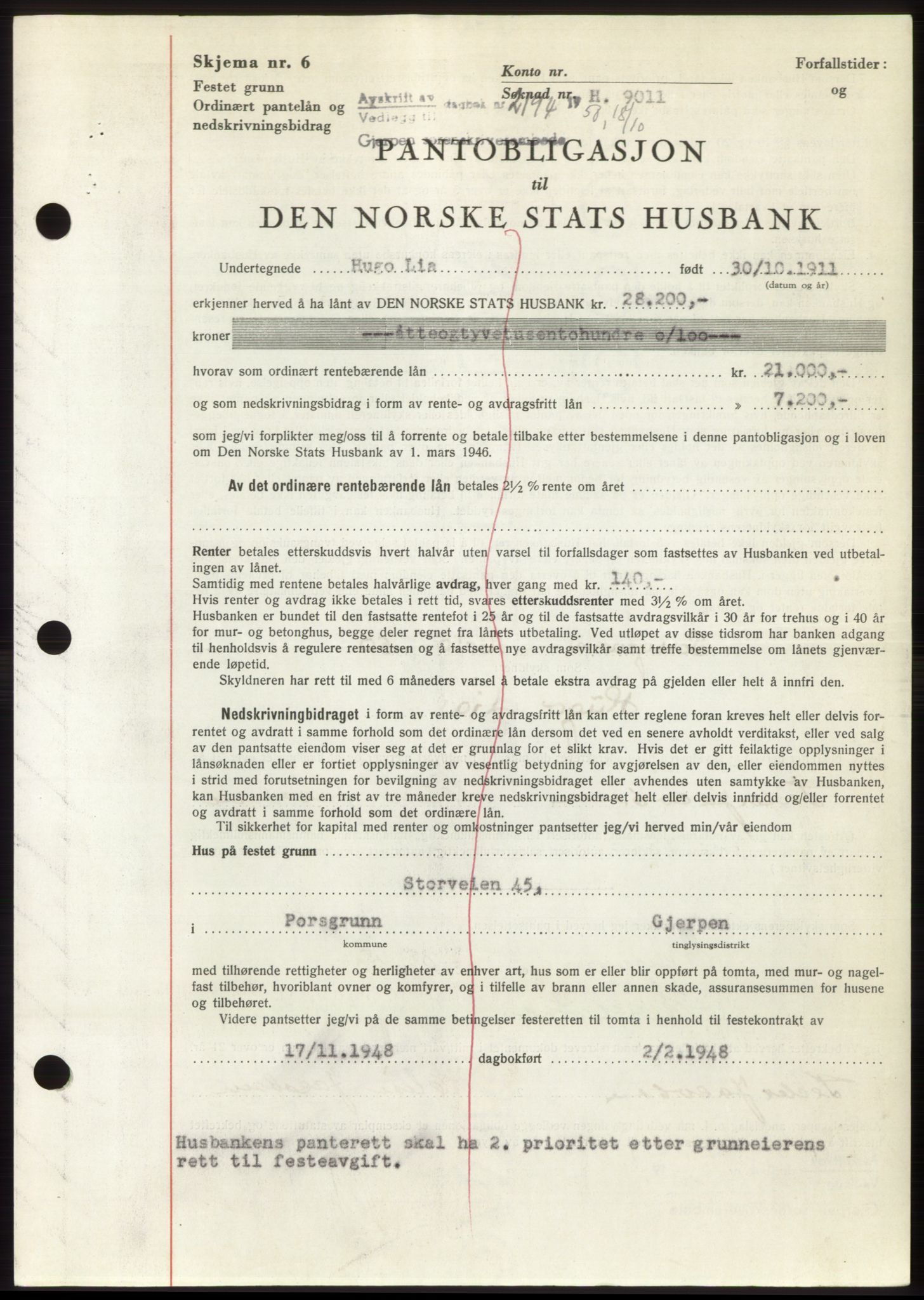 Gjerpen sorenskriveri, AV/SAKO-A-216/G/Ga/Gaf/L0009: Mortgage book no. B-84 - B-85, 1950-1950, Diary no: : 2194/1950