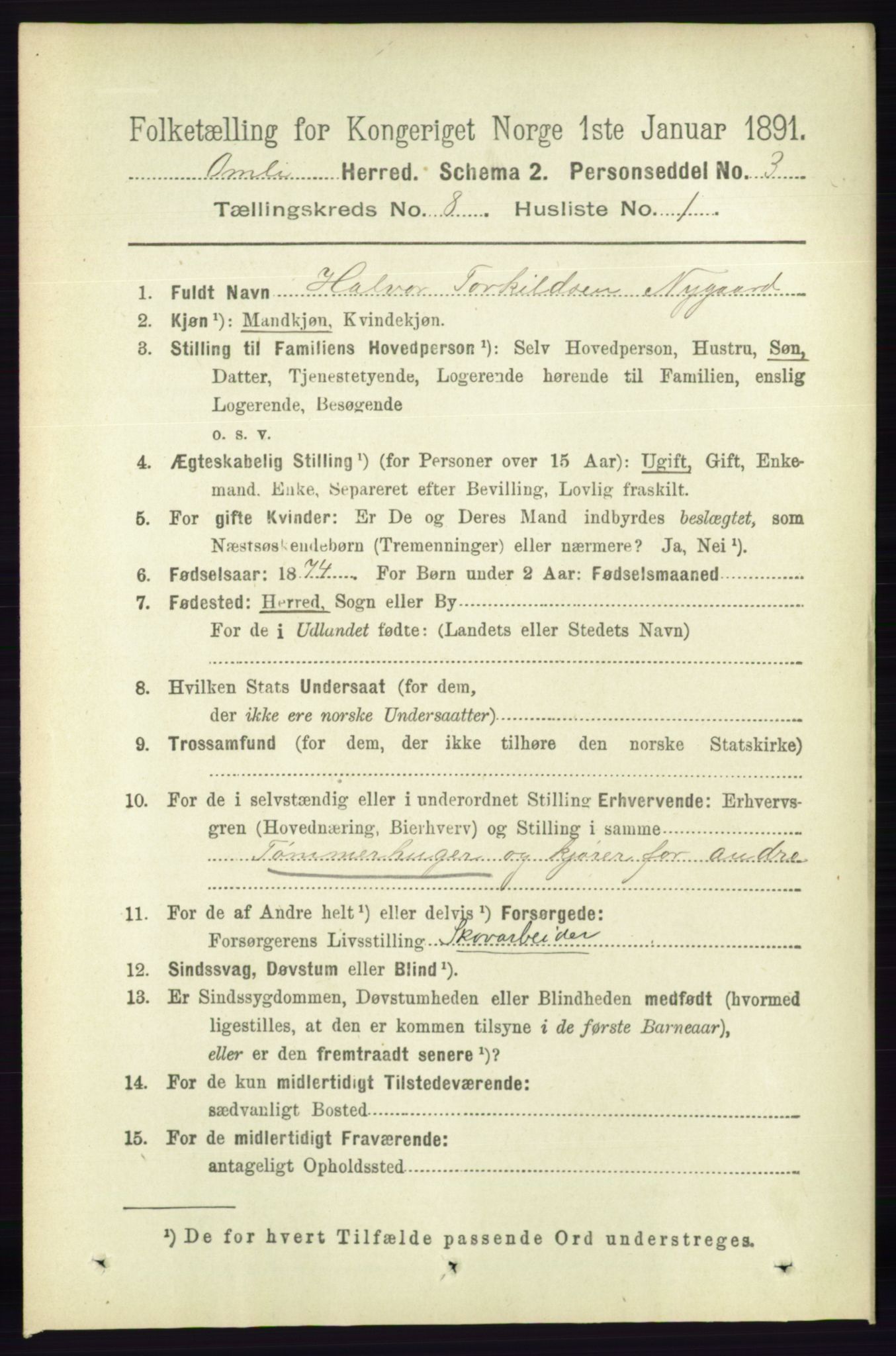 RA, 1891 census for 0929 Åmli, 1891, p. 1110