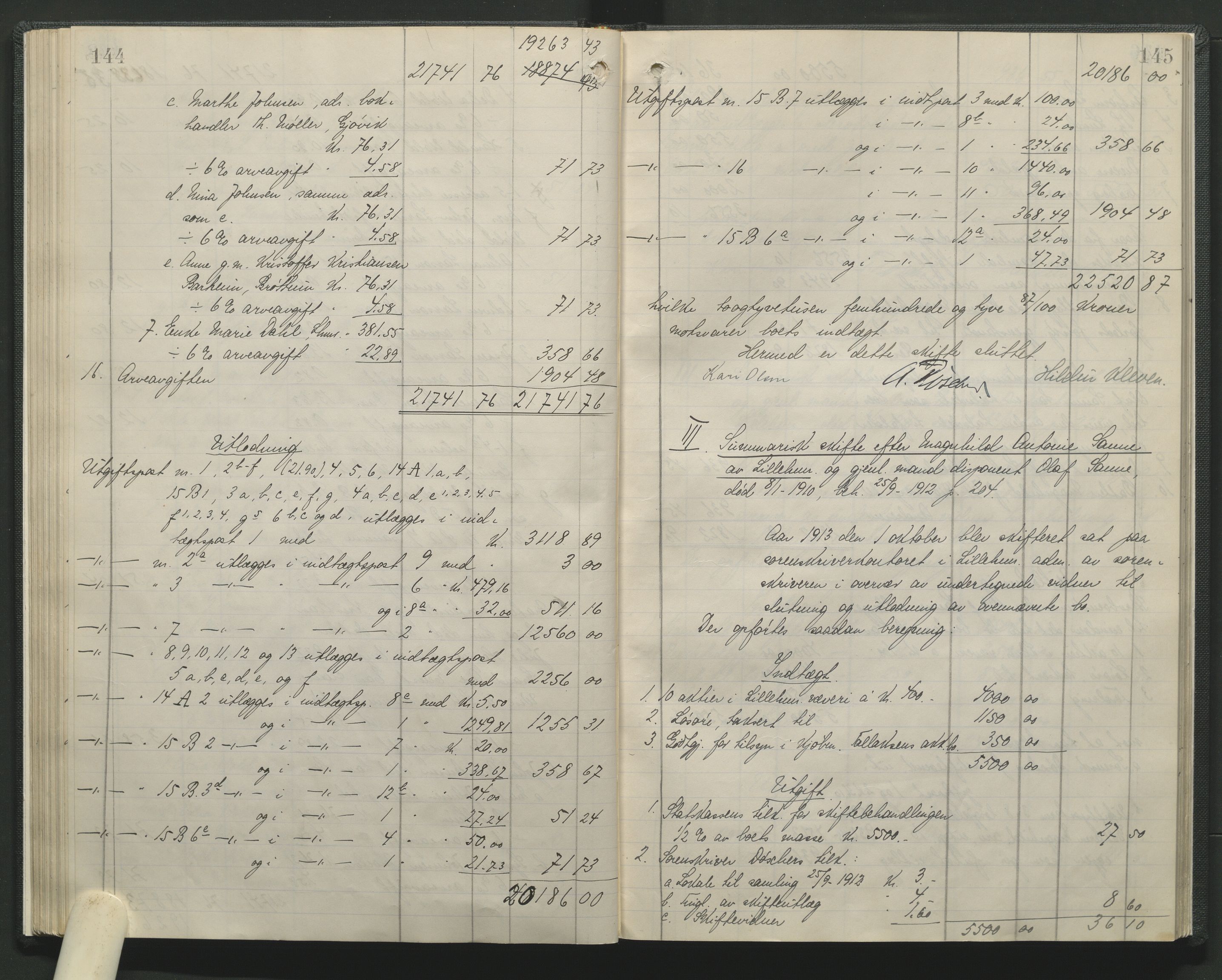 Sør-Gudbrandsdal tingrett, SAH/TING-004/J/Ja/Jag/L0001: Skifteutlodningsprotokoll - Lillehammer by, 1903-1923, p. 144-145