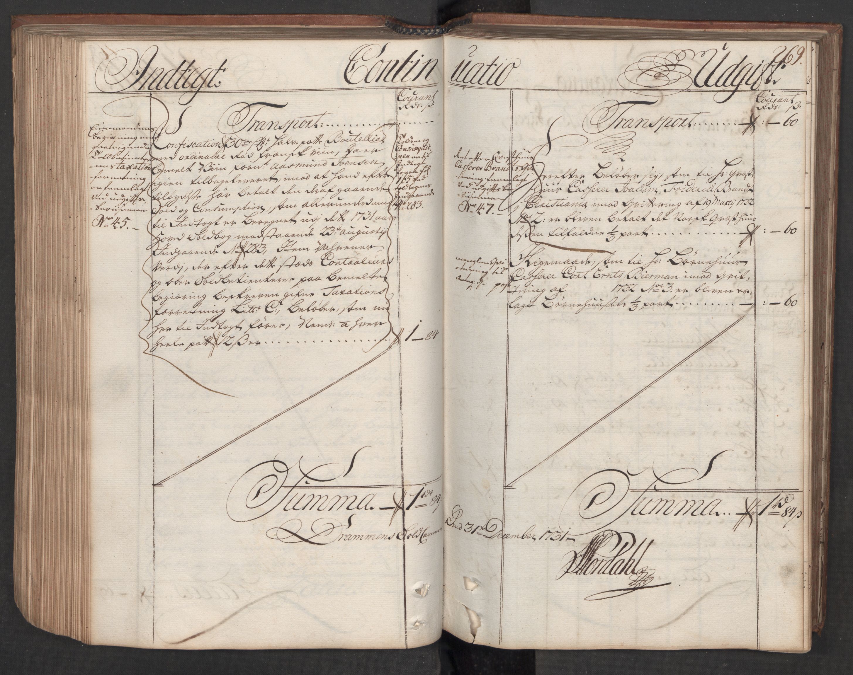 Generaltollkammeret, tollregnskaper, AV/RA-EA-5490/R08/L0009/0001: Tollregnskaper Drammen / Hovedtollbok, 1731, p. 268b-269a