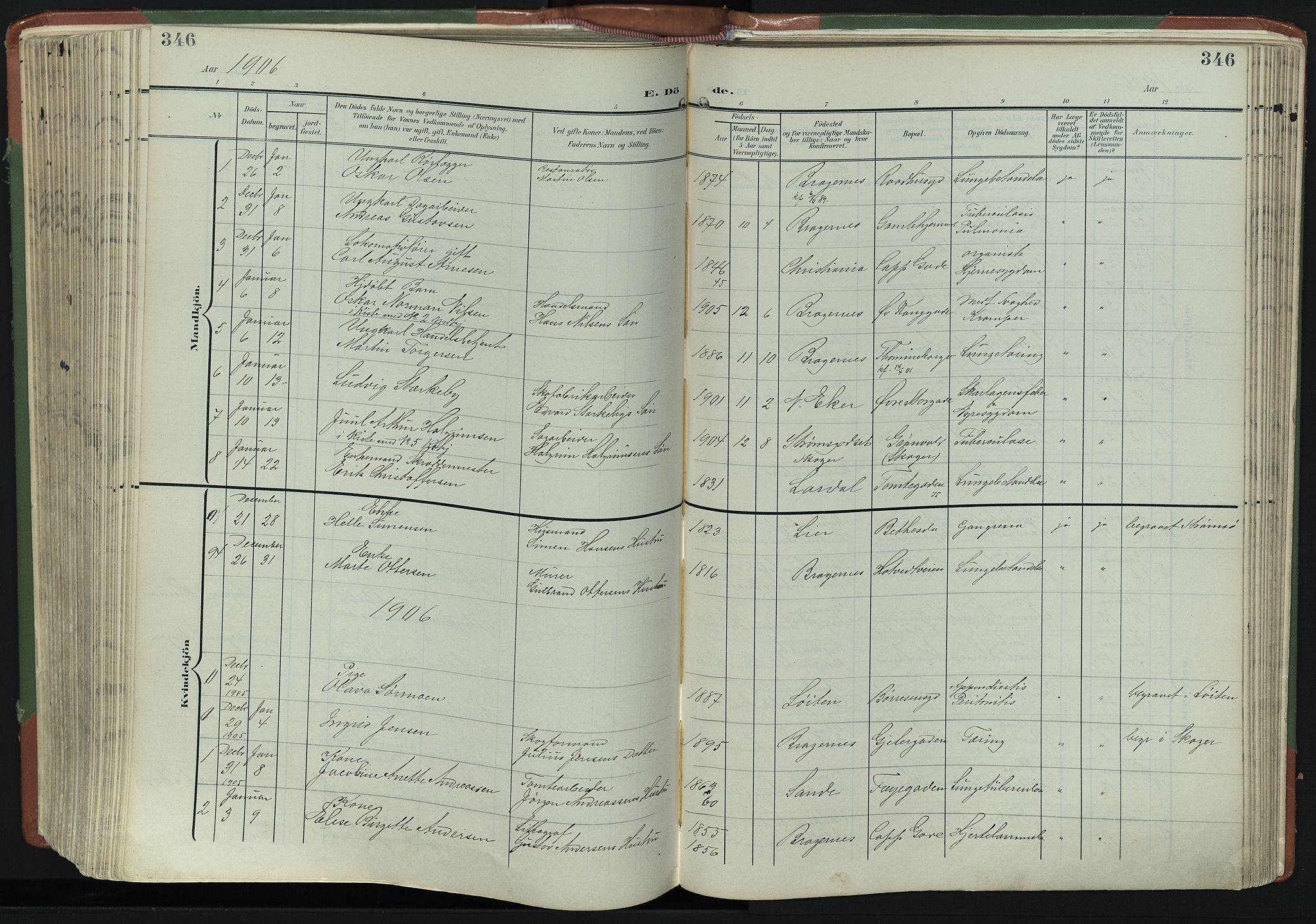 Bragernes kirkebøker, AV/SAKO-A-6/F/Fb/L0009: Parish register (official) no. II 9, 1902-1911, p. 346