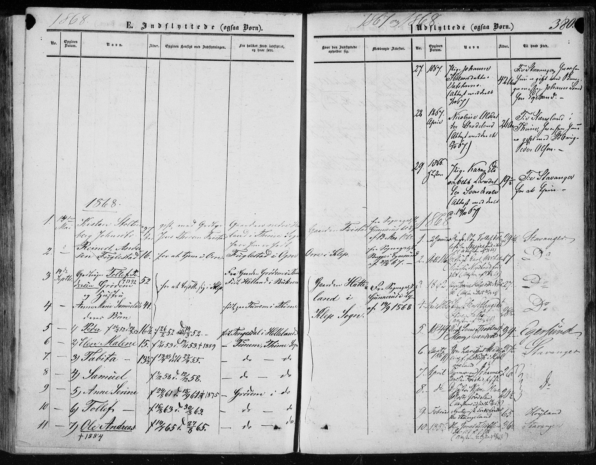 Klepp sokneprestkontor, AV/SAST-A-101803/001/3/30BA/L0005: Parish register (official) no. A 5, 1853-1870, p. 380